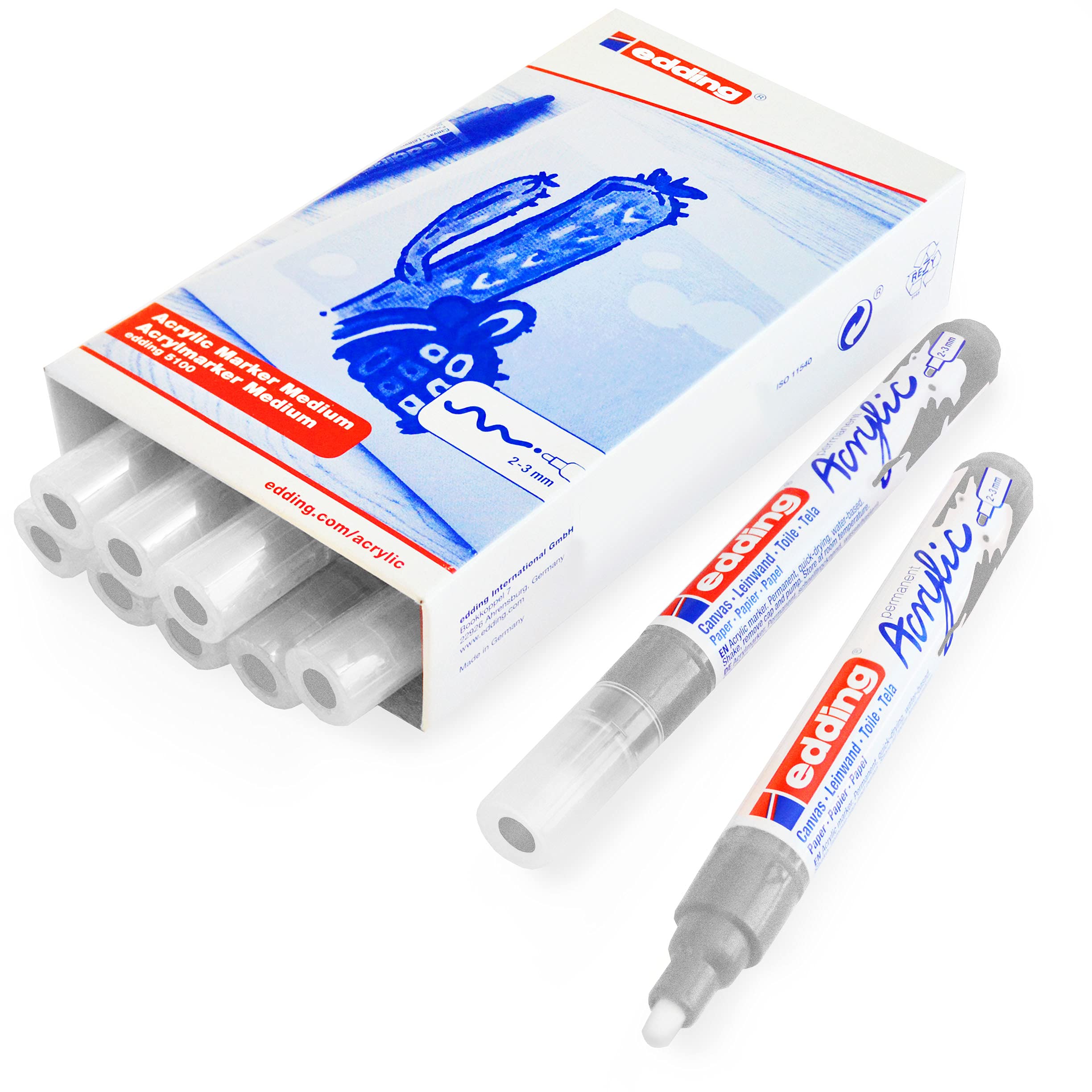 edding Rotuladores permanentes de pintura acrílica 5100, punta redonda mediana de 2 a 3 mm, plata 923, paquete de 10