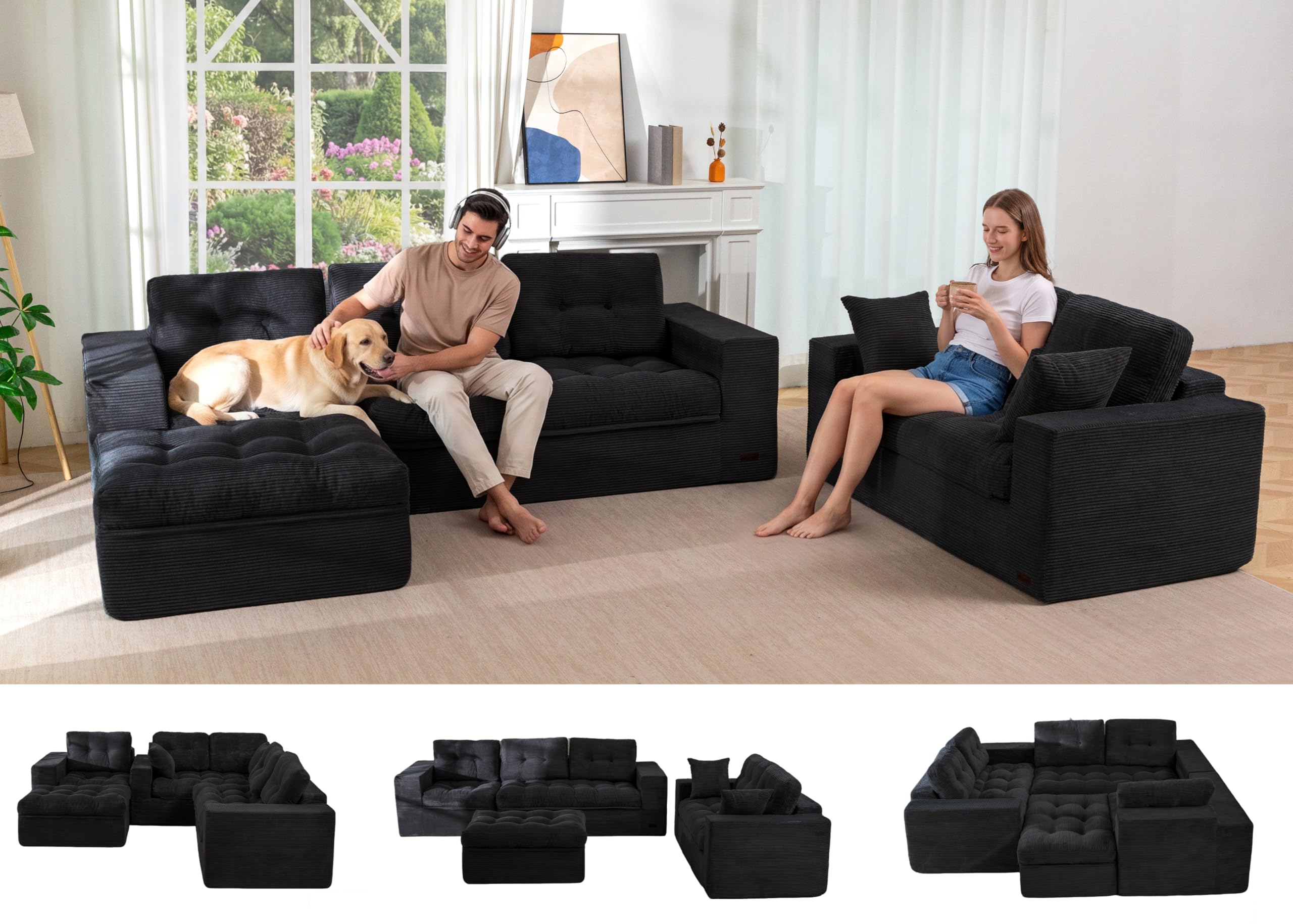 MAXYOYO Modular Sectional Sofa with Ottoman and Loveseat, Cloud Boneless Couch with Layered Cushion, Flexible Module Combination Sofa for Living Room, No Assembly Required,Black