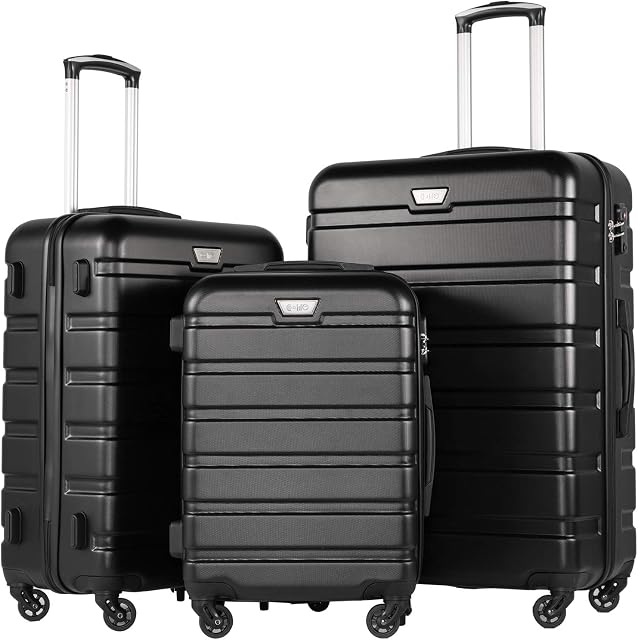 COOLIFE Suitcase Trolley Carry On Hand Cabin Luggage Hard Shell Travel Bag Lightweight with TSA Lock and 2 Year Warranty Durable 4 Spinner Wheels (3 Pcs Set, Black)