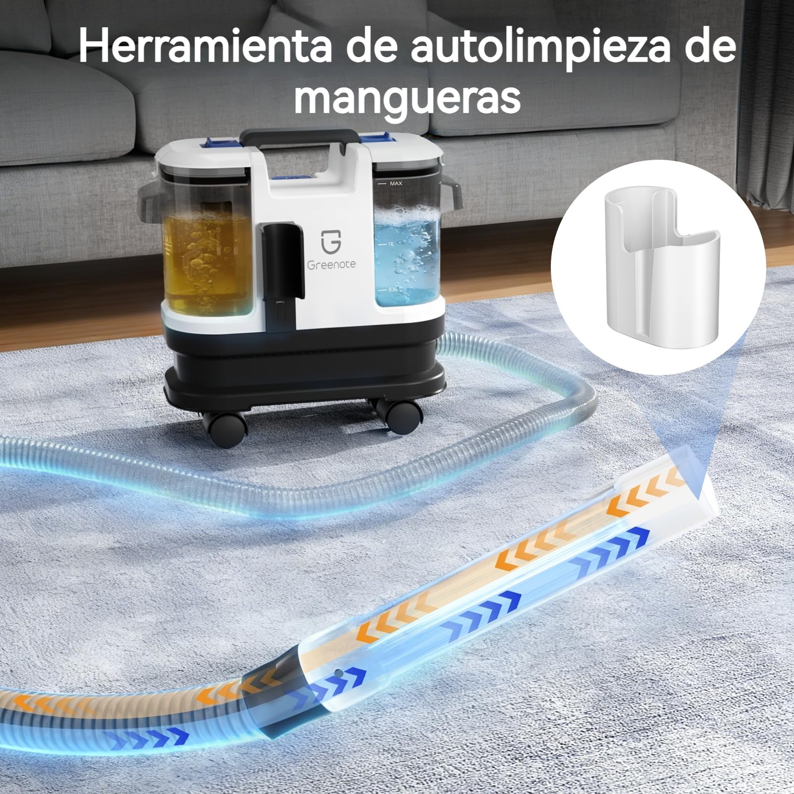 Greenote Limpiador de Alfombras 600W,4 Ruedas Giratorias para Máxima Maniobrabilidad, Almacenamiento Compacto,Autolimpieza de Manguera,Potente Aspiración,Depósitos 1,8L/0,8L, Manguera 1,5m y Cable 5m