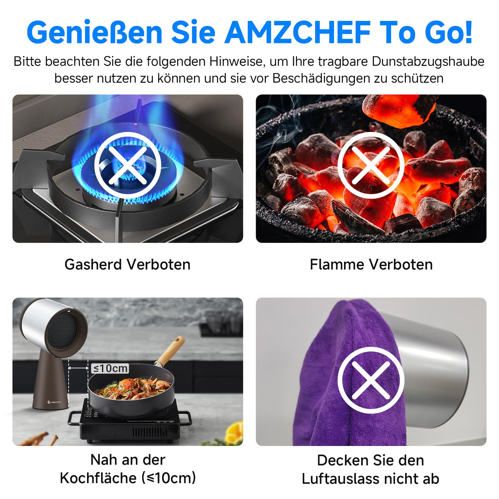 AMZCHEF Mobile Dunstabzugshaube, Tragbare Abzugshaube mit 3 Geschwindigkeitsmodi, LED-Licht, Geräuscharmut (Braun)