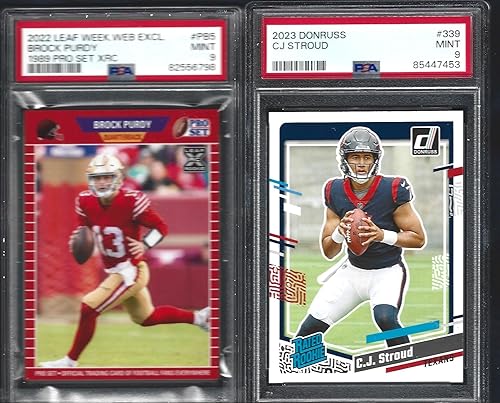 MINT BROCK PURDY & C.J. STROUD LEAF & PANINI 2 CARD ROOKIE LOT GRADED PSA MINT 9 YOUNG SUPERSTAR QUARTERBACKS