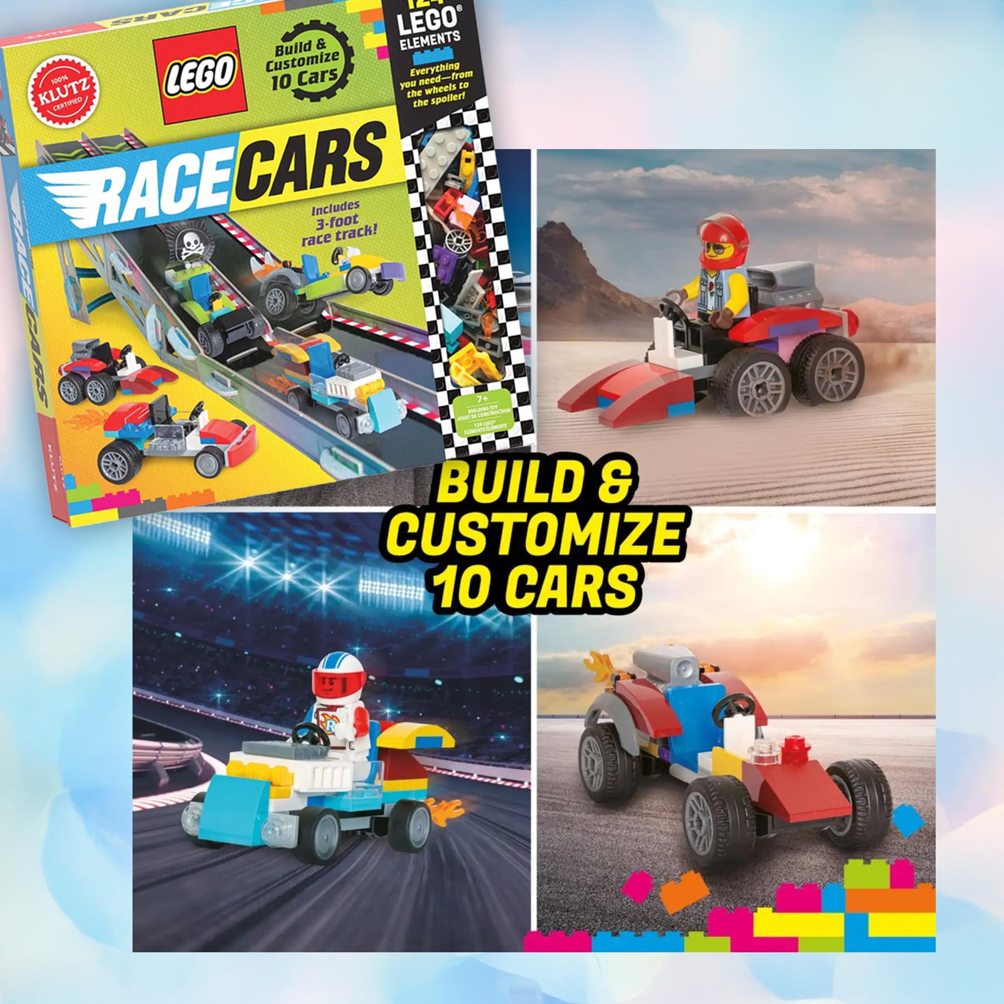 Klutz Lego Race Cars Building Kit with 3-Foot Track and Invisible Ink Activity Book, 124 Elements, Ages 8+