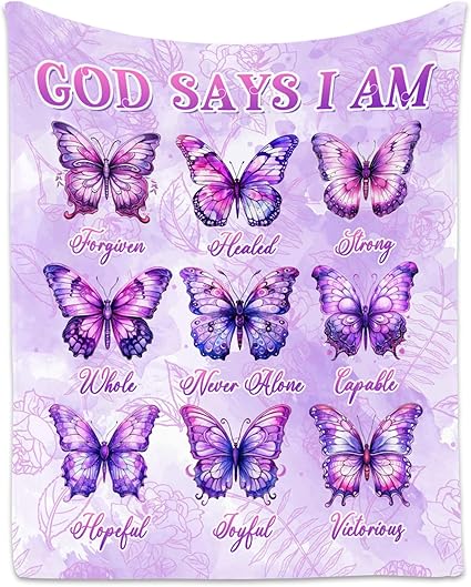 Butterfly Blanket, Cozy Soft Throw Gifts for Girls, 40x50 Inch Cute Flannel Blanket for Butterfly Lovers, God Says I Am Throw Blankets for Couch Sofa