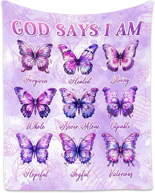 Butterfly Blanket, Cozy Soft Throw Gifts for Girls, 40x50 Inch Cute Flannel Blanket for Butterfly Lovers, God Says I Am Throw Blankets for Couch Sofa