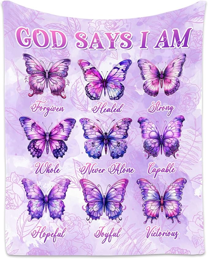 Butterfly Blanket, Cozy Soft Throw Gifts for Girls, 40x50 Inch Cute Flannel Blanket for Butterfly Lovers, God Says I Am Throw Blankets for Couch Sofa
