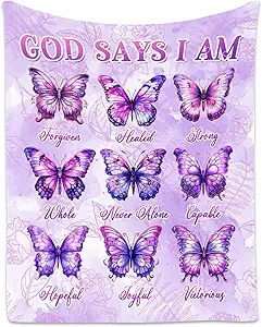 Butterfly Blanket, Cozy Soft Throw Gifts for Girls, 40x50 Inch Cute Flannel Blanket for Butterfly Lovers, God Says I Am Throw Blankets for Couch Sofa