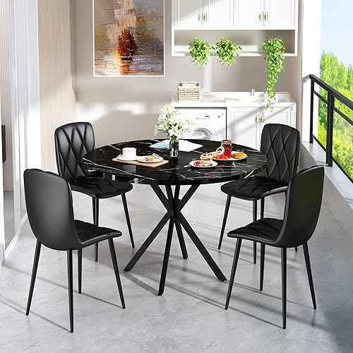 Miniatura 8 de Hooseng - Juego de mesa redonda de comedor para 4 con sillas de cuero, mesa de cocina de 39 pulgadas con tapa de mármol sintético y lujosas sillas