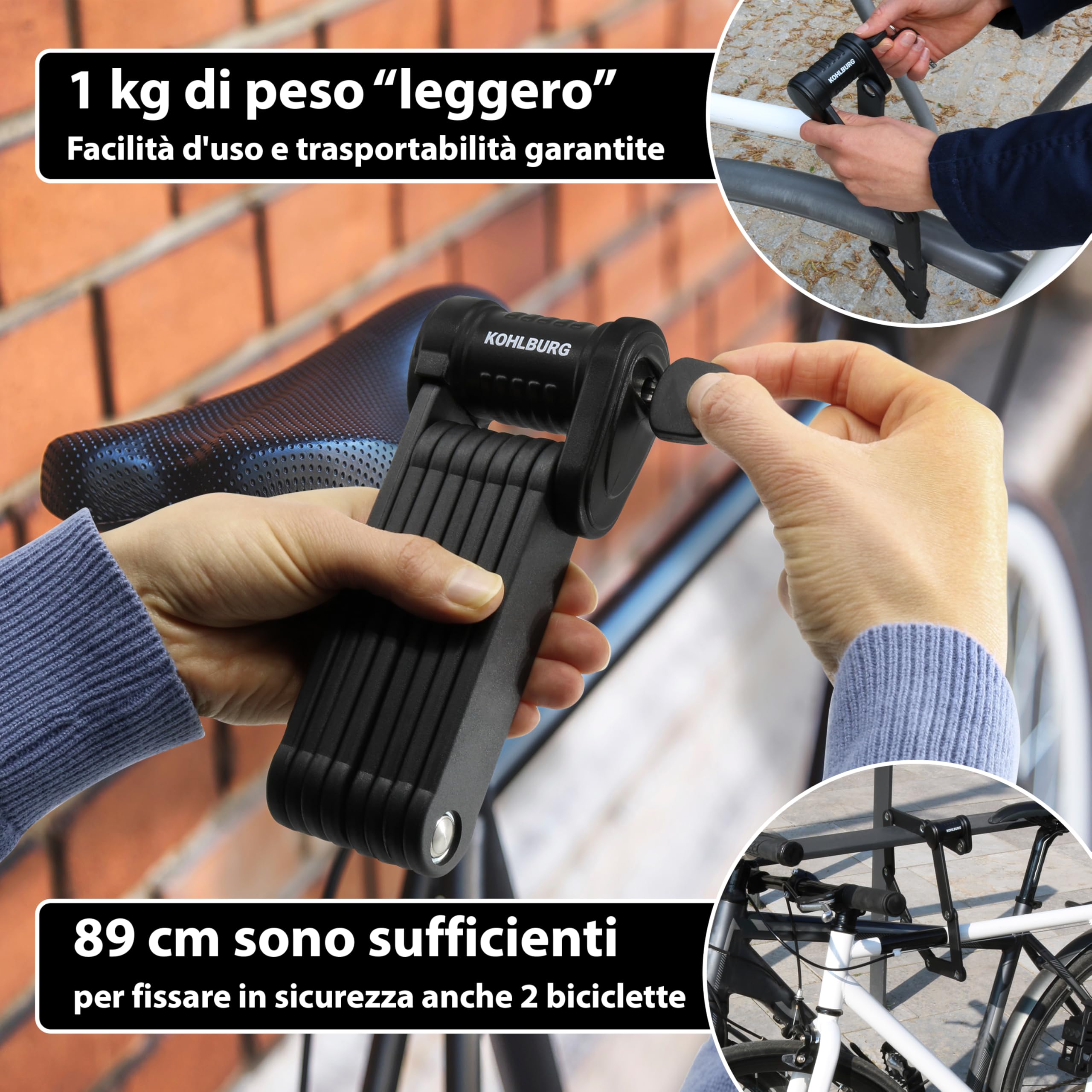 KOHLBURG Antifurto pieghevole per bici massima sicurezza a soli 1kg – 89cm – Antifurti per bici con supporto – molto sicuro come antifurto per monopattino elettrico & antifurti pieghevole per eBike