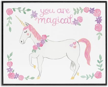 You Are Magical Saying Pink Unicorn Floral| Framed Giclee Art