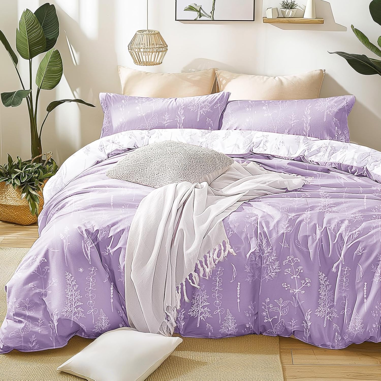 Love's cabin Lavender Comforter Set Queen - Queen Size Comforter Set, 3 Pieces Cute Floral Bedding Sets for All Seasons,1 Soft Reversible Botanical Flowers Comforter and 2 Pillow Shams Queen (90"x90") 11 - Lavender