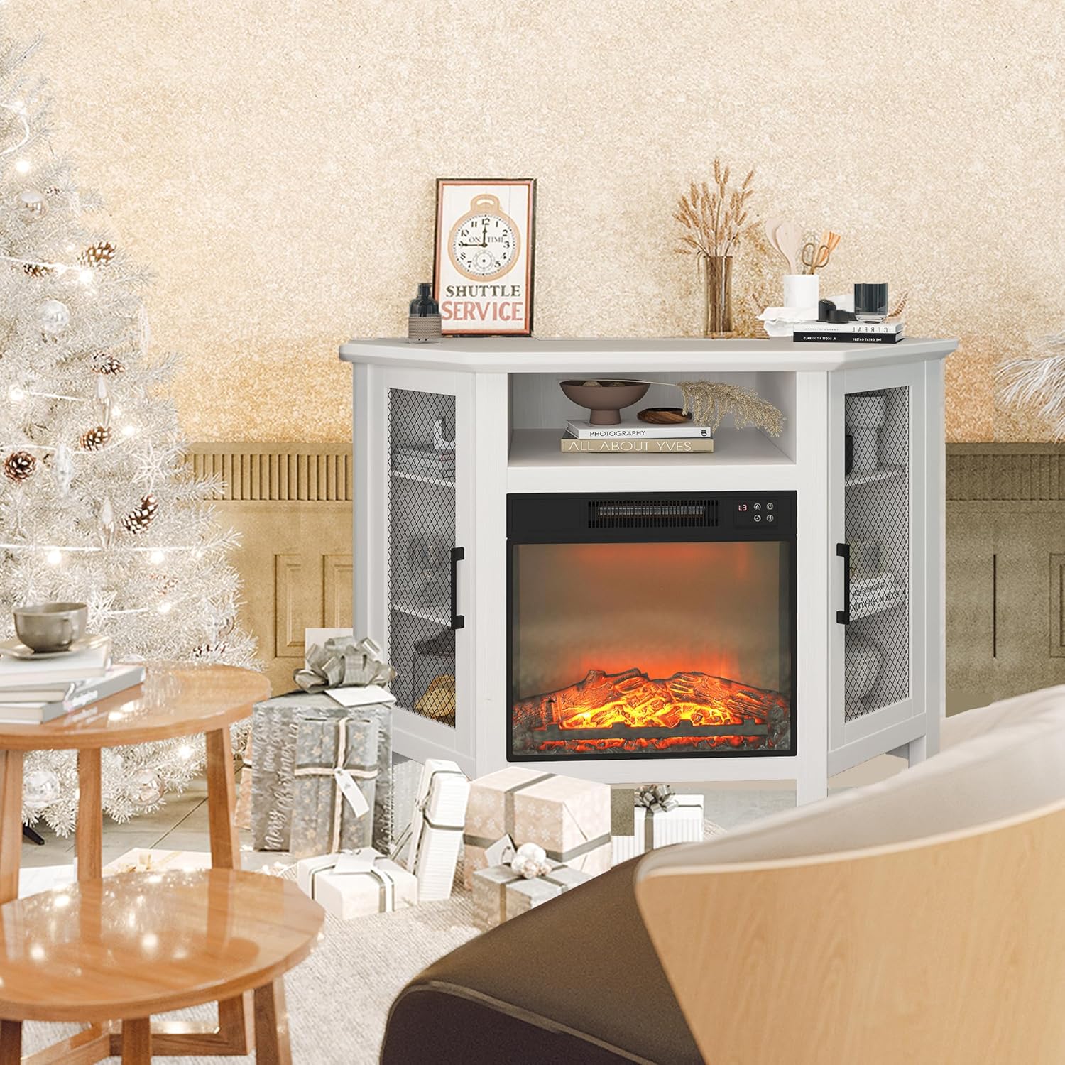 Clihome Fireplace TV Stand Set 47inches Entertainment Center with Fireplace with Cabinet Electric Fireplace Inserts Heater TV Stands for Living Room with Vintage Fire Places Christmas Decor, White