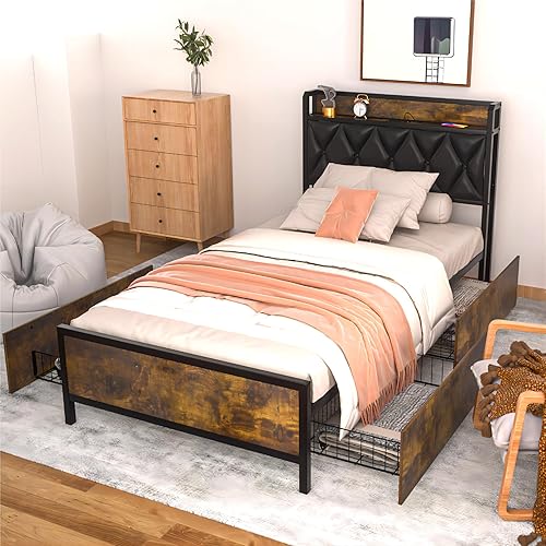 Miniatura 3 de GAZHOME Base de cama individual con 4 cajones de almacenamiento y estación de carga, cabecera de almacenamiento de plataforma tapizada individual,