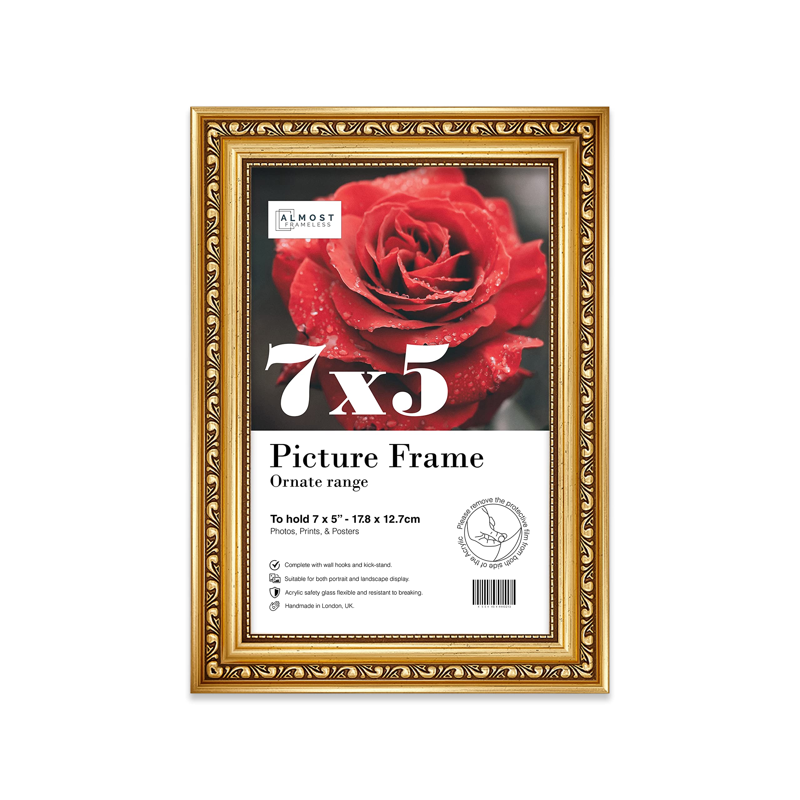 7x5 Gold Ornate Picture Frame 7"x5"(17.7x12.7cm) Poster, Photo, Artwork, or Print. Shabby Chic Style Portrait and Landscape Display with Wall Hooks