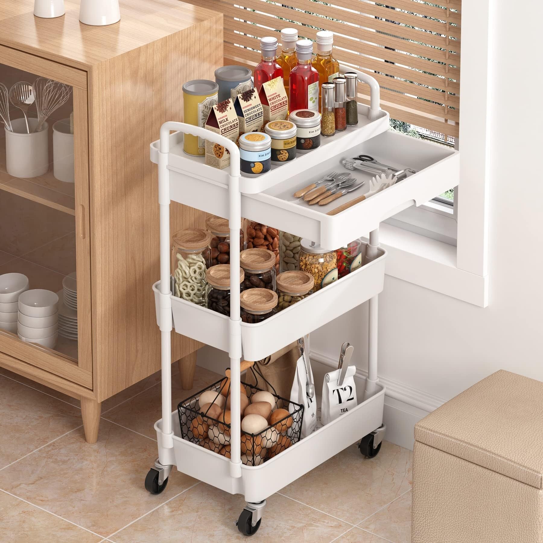 Carro Cocina Carro Auxiliar Carrito Cocina Carrito Móvil Con Ruedas Y Cajón, Carrito Utilitario, Carrito De Almacenamiento De Cocina Con Estante De Plástico, Ruedas De Metal Para Oficina Y Baño Carrit