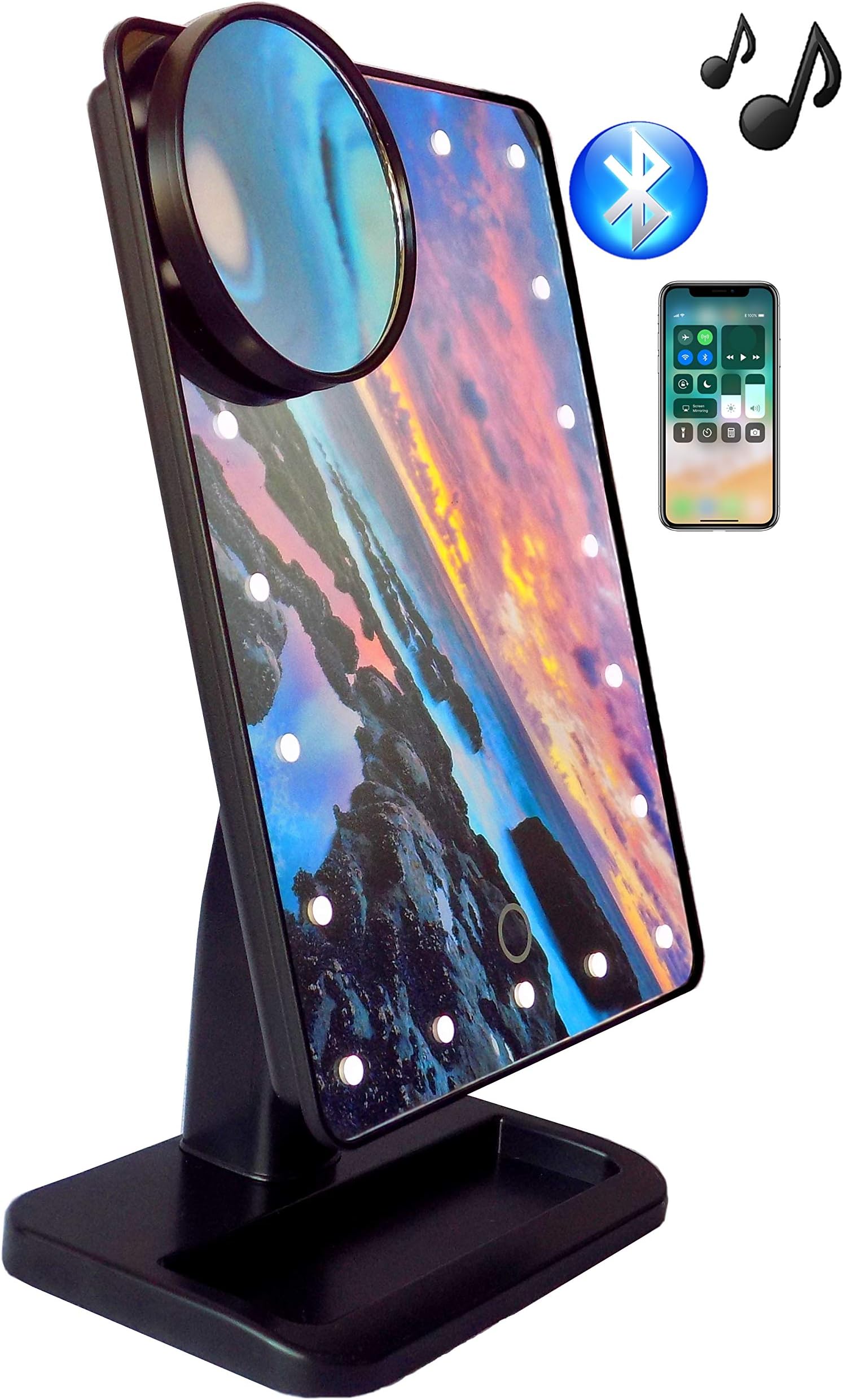 TayloredToYou Rechargeable 20 LED Mirror With Built In Bluetooth Audio Speaker, Touch Screen, 180° Rotation, Desktop Make Up Mirror (USB Charger Included, No Batteries Needed)