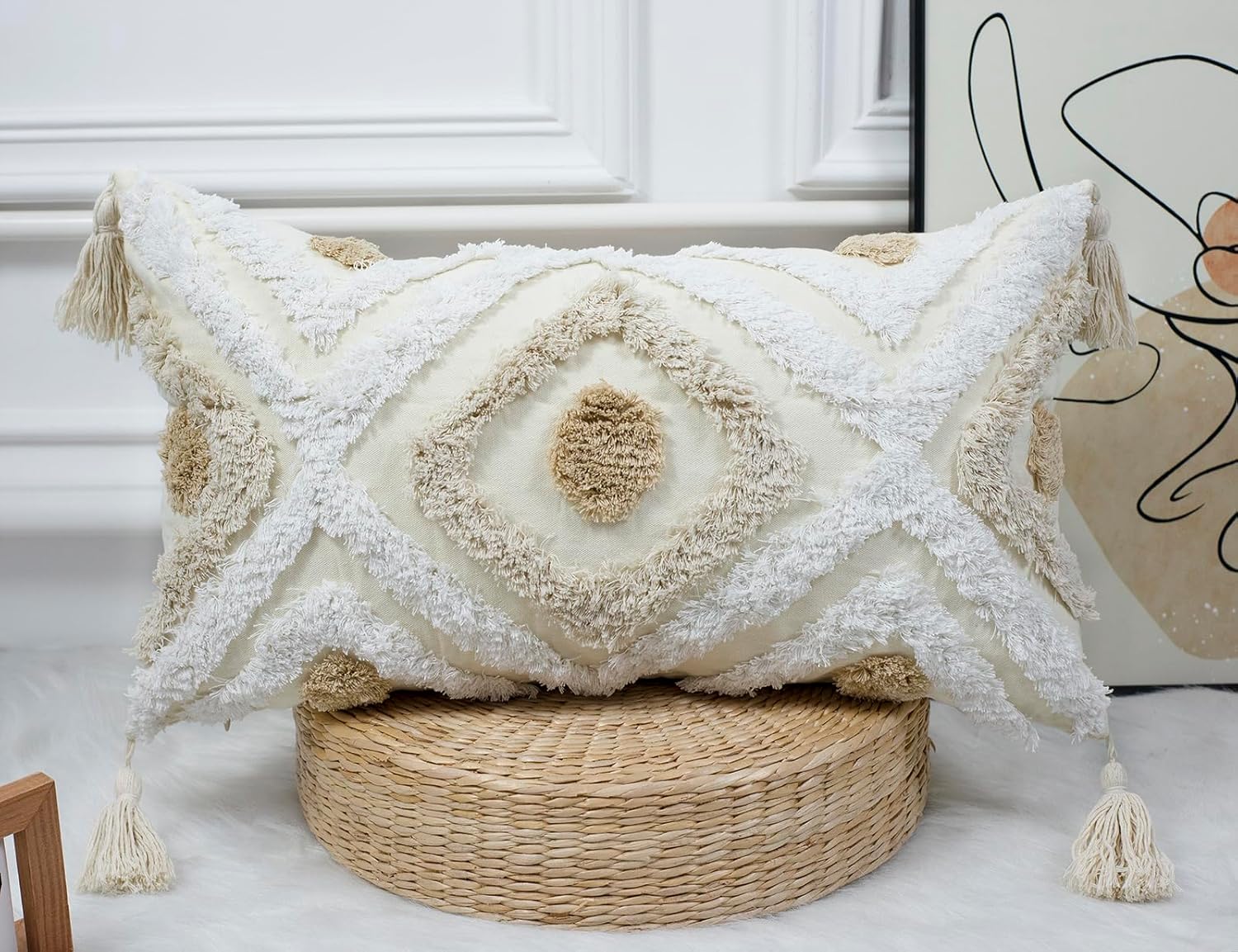 NUYECY Modern Long Lumbar Throw Pillow Cover 16 x 24,Cotton and Linen Tufted Decorative Boho Long Lumbar Pillow Case for Couch Sofa Bed Farmhouse Chair Outdoor,Khaki&Beige&White