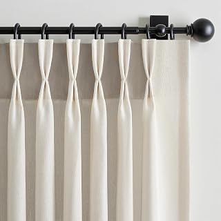 Pinch Pleated Linen Curtains Ivory Beige 105 Inch Length 2 Panels