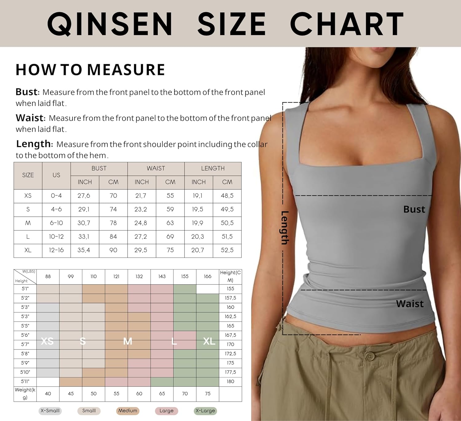 QINSEN Women's Square Neck Sleeveless Double-Layer Tank Tops Basic Tight T Shirts - Image 7
