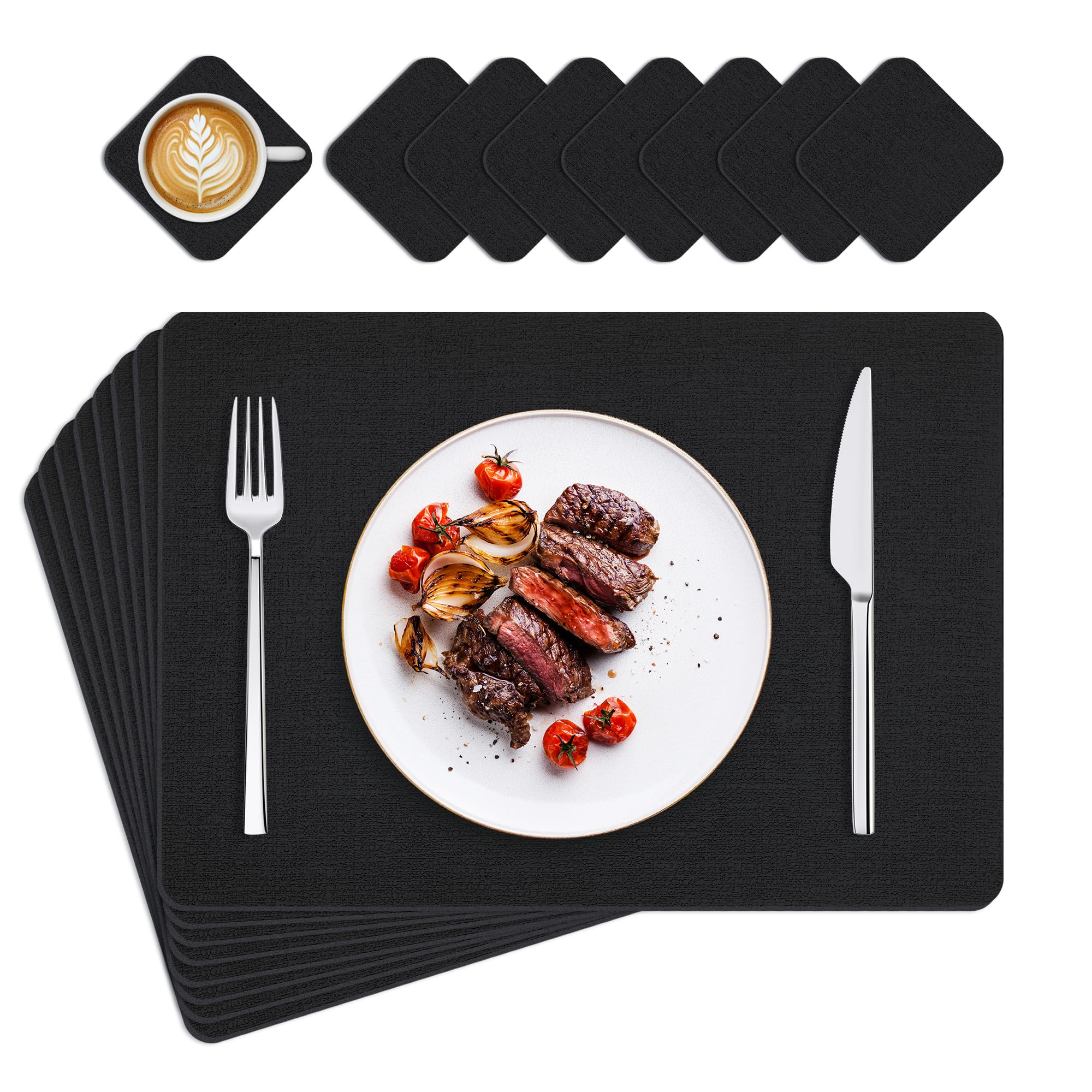 KitchenBoss Tovagliette Americane Lavabili con Sottobicchieri, Set di 8 Tovagliette Colazione Effetto Pelle Resistenti al Calore, Impermeabili su Entrambi i Lati, 43×30 cm, Nero