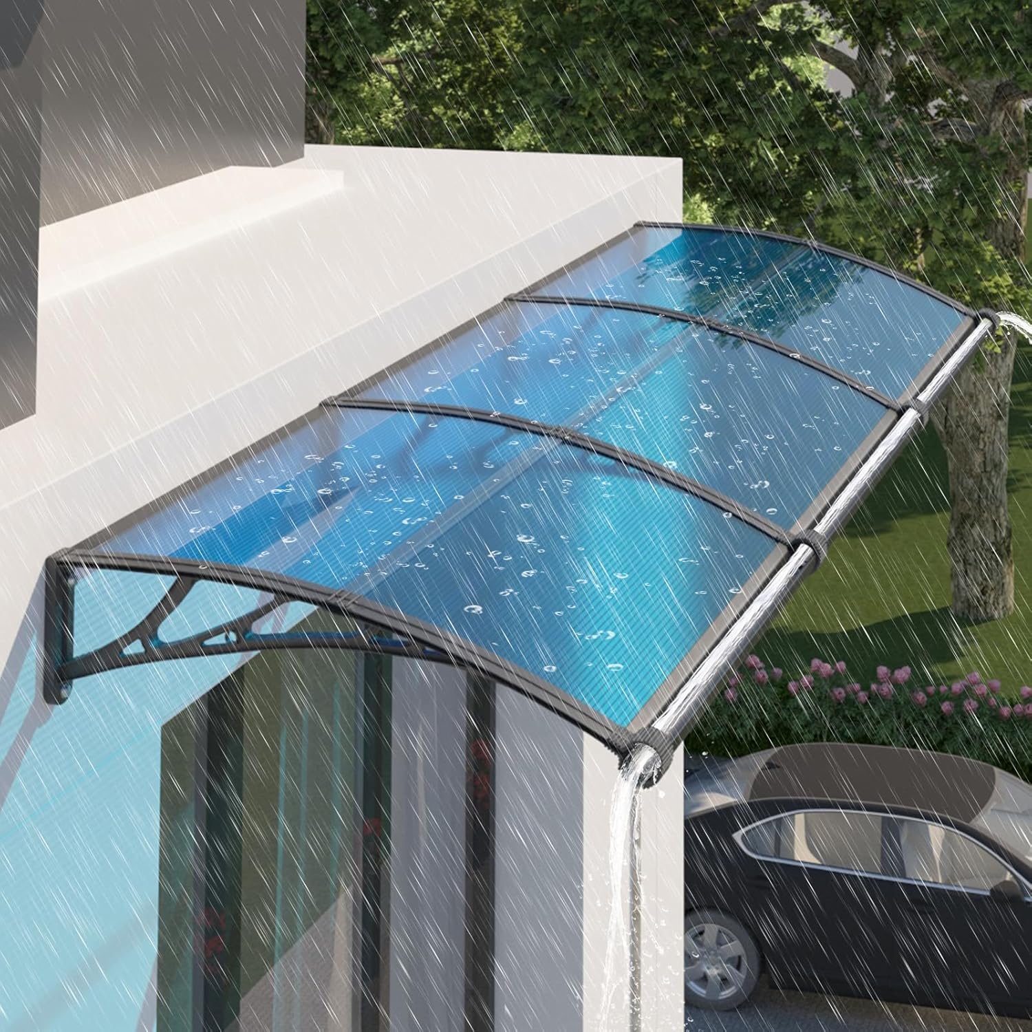 GUANSU-CN Door Canopy, 300x80 cm Outdoor Porch Canopy with Gutter, UV-Resistant Polycarbonate Awnings for Patios, Front Door, Window
