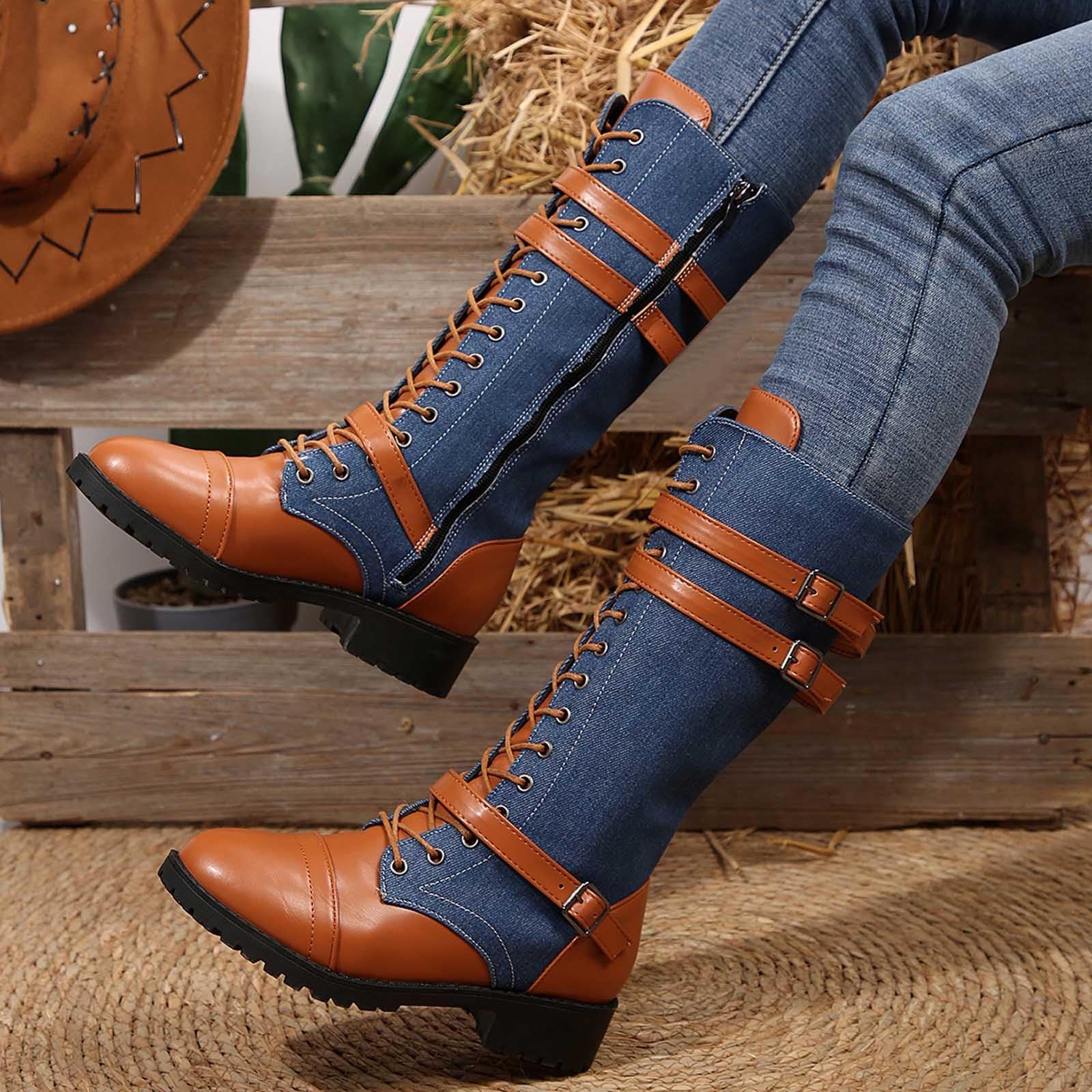 Generisch Stivali da equitazione invernali Stivaletti alla moda in pelle scamosciata e camoscio per l'inverno con allacciatura e suola comoda e spessa
