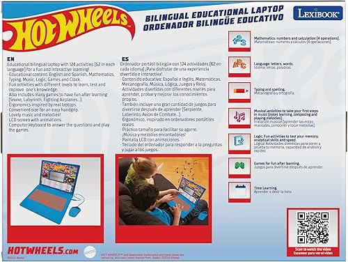 Miniatura 9 de Lexibook Hot Wheels, portátil educativo y bilingüe en inglésespañol, juguete para niños con 124 actividades para aprender, jugar juegos y música,