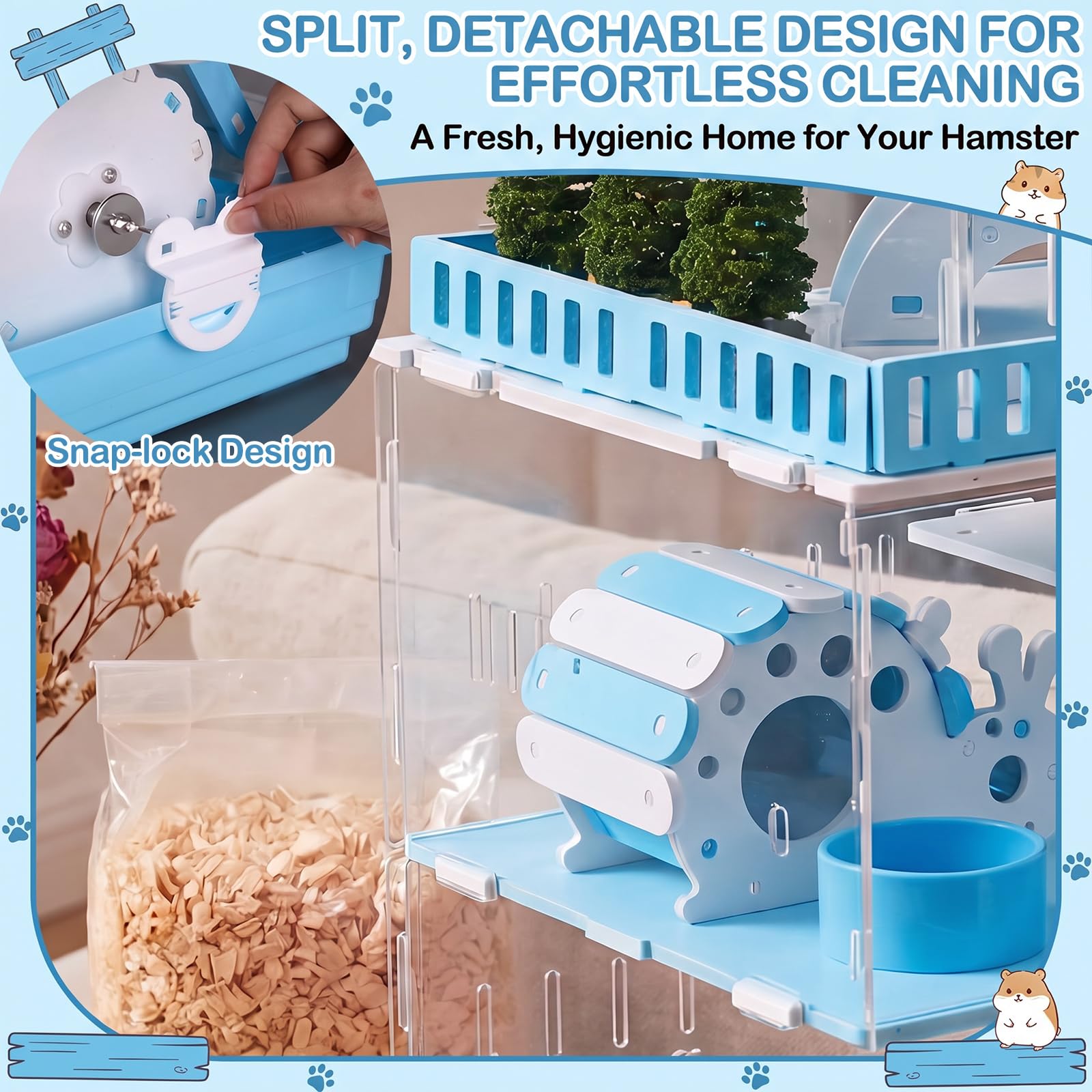 Eccliy Cage pour hamster 15 en 1 en acrylique transparent à 3 couches avec tous les accessoires, 50,8 x 34,7 x 25,4 cm, connexion magnétique, cage à souris de style jardin pour animaux domestiques