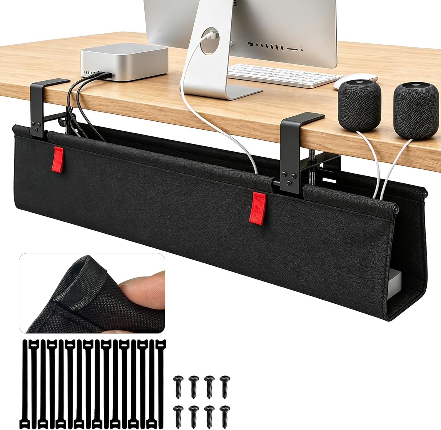 Under Desk Cable Management No Drill – 36" L x 6" W Cord Organizer, Upgraded Silicone Pads (No Scratch), 16 Cable Slots, Washable PE Honeycomb Base, Fits Desks 0–2.1" Thick, Black