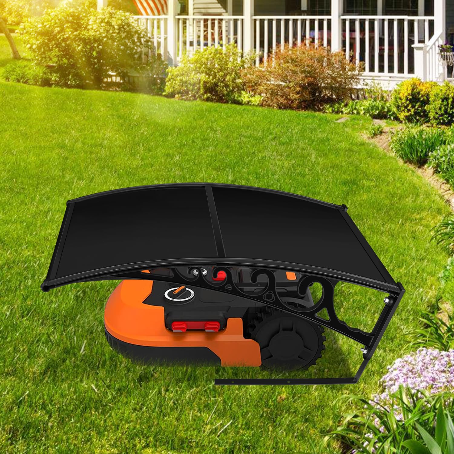 Fiqops Garage pour robot tondeuse, Garage en plastique PP pour robot tondeuse, Abri de protection UV et pluie pour robot tondeuse, Protection météo pour robot tondeuse, 106x87x50 cm, Noir