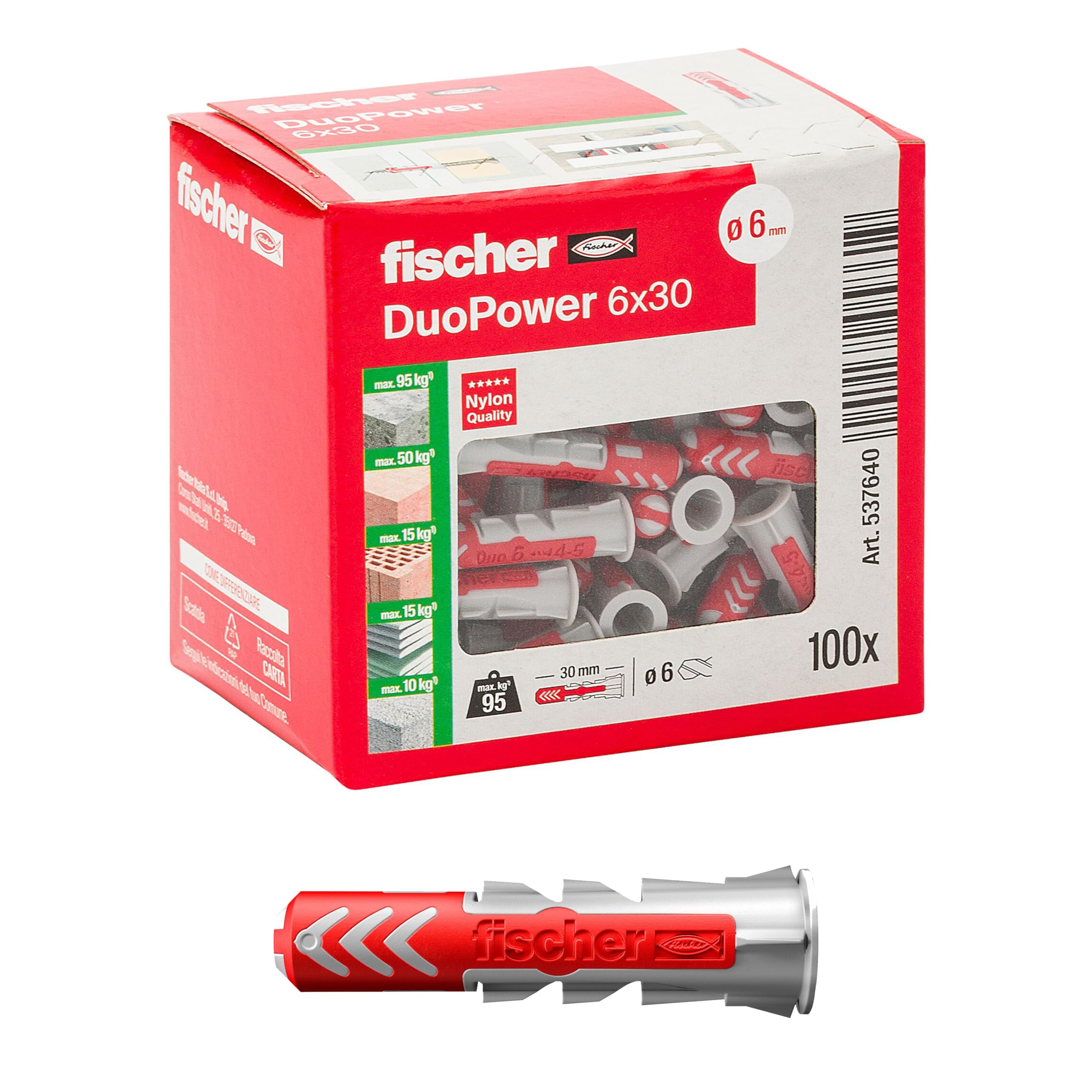 Fischer DuoPower Dübel, 6 x 30 mm, für Mauern, Lochstein, Gipskarton, 537640, 100 Stück