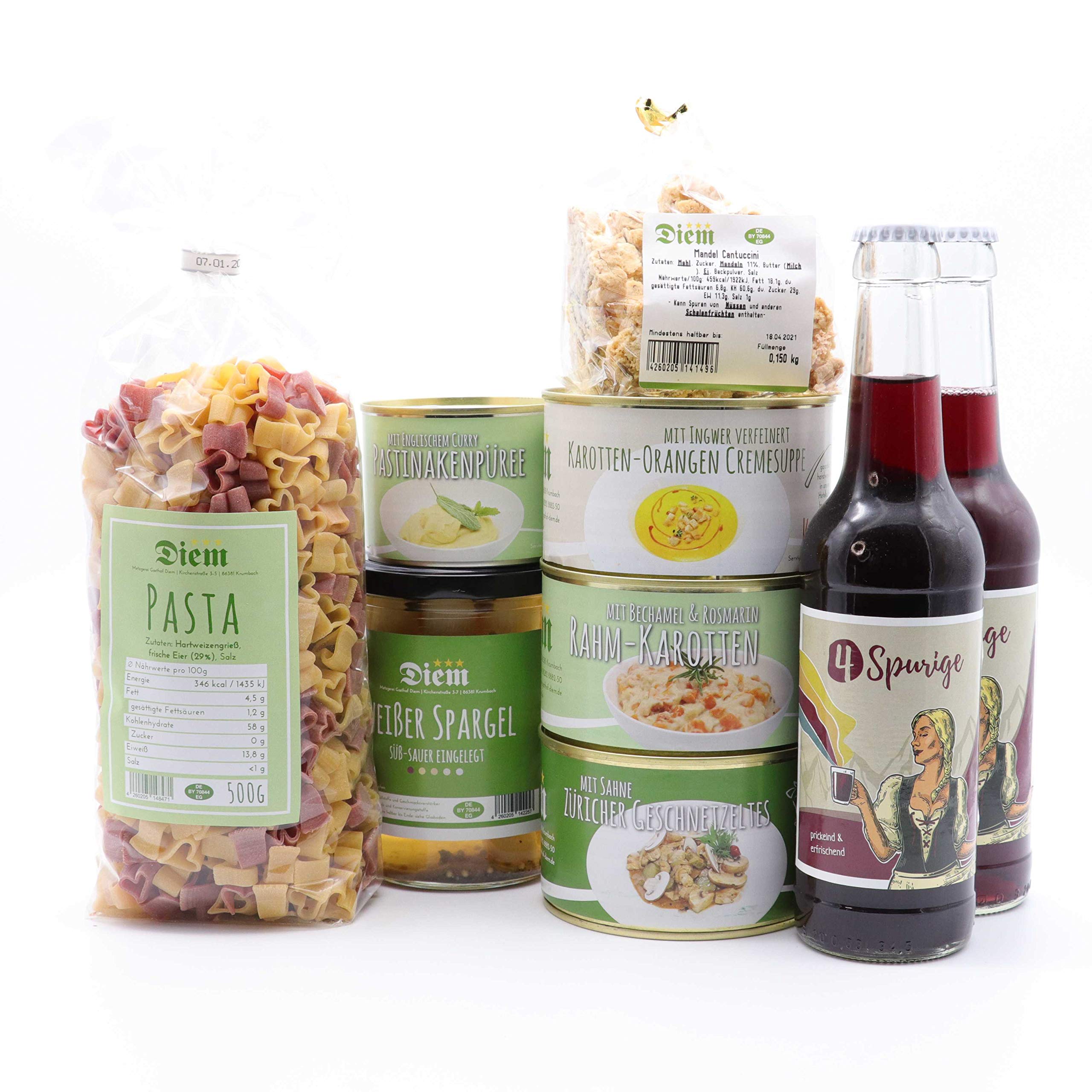 Geschenkkorb zum Valentinstag – Kochbox Valentinstags Set – Diem 2,75Kg + 2x0,33L Weinschorle 6%vol. Dose, Konserve als Geschenk