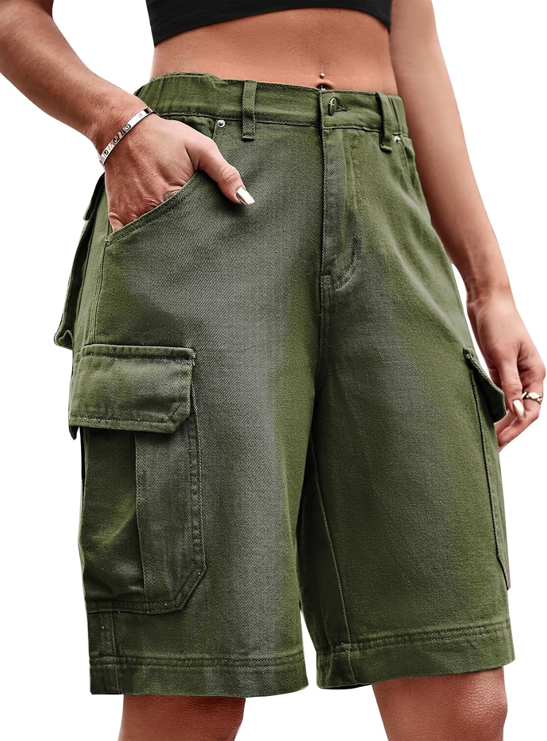 Flygo Women's Elastic Waist Cargo Denim Shorts Butt Lift Multi-Pockets Loose Fit Casual Bermuda Shorts