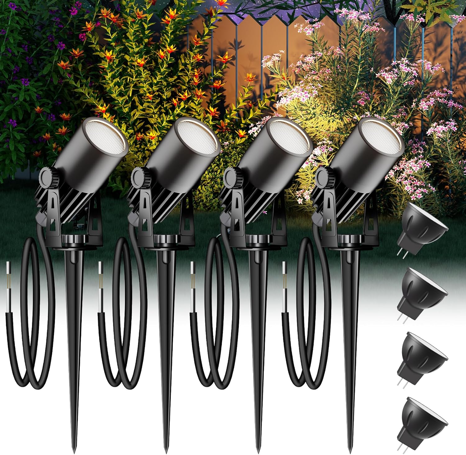 Outdoor Mini Spotlights, MR11 LED Bulb 12V Low Voltage Landscape Spotlight 2W 200lm, 2700K Warm White IP65 Waterproof Aluminum Light Fixture, 1 1/4" Short Head 4-Count