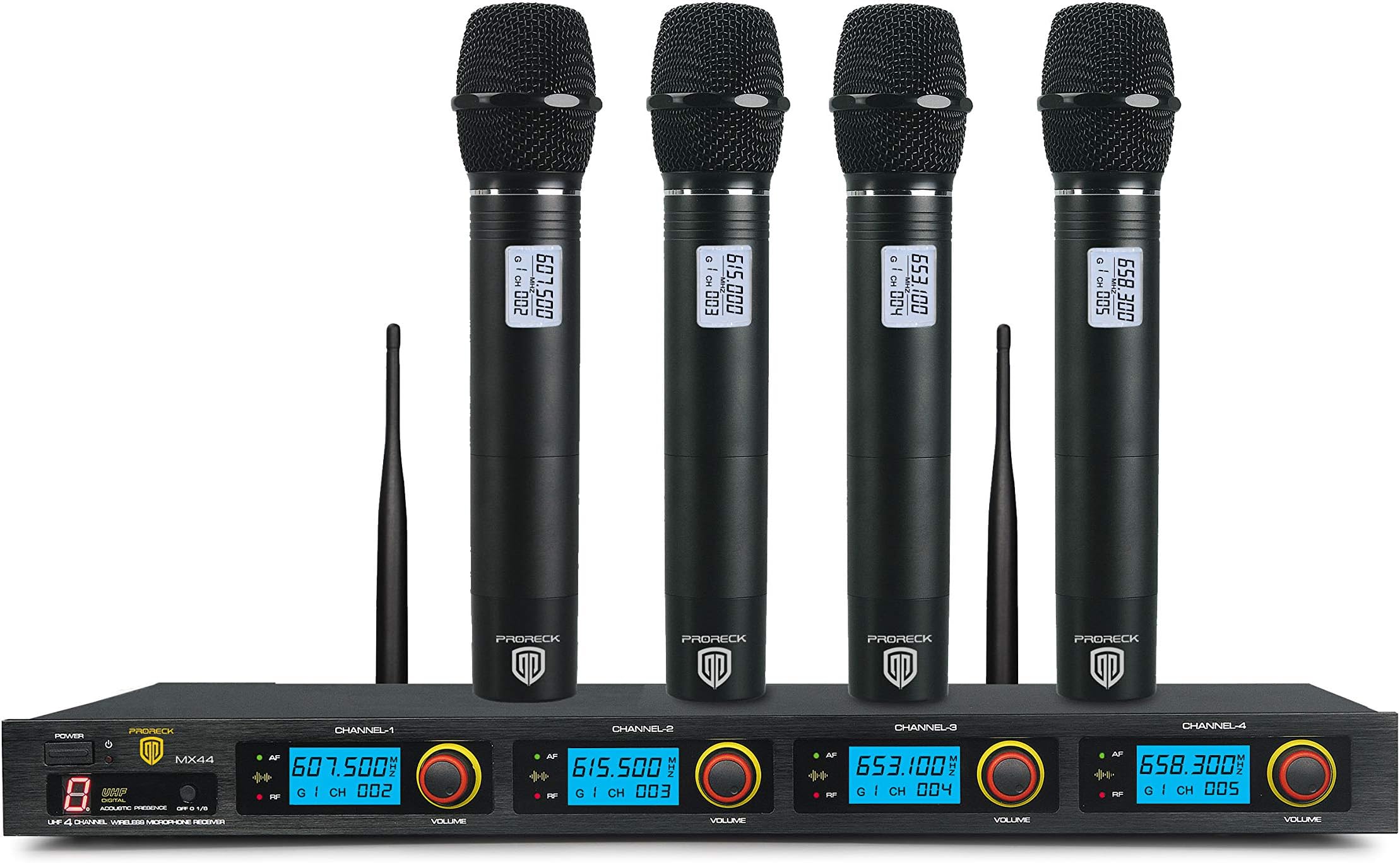 PRORECK MX44 4-Channel UHF Wireless Microphone System with 4 Hand-held Microphones Karaoke Machine for Party/Wedding/Church/Conference/Speech