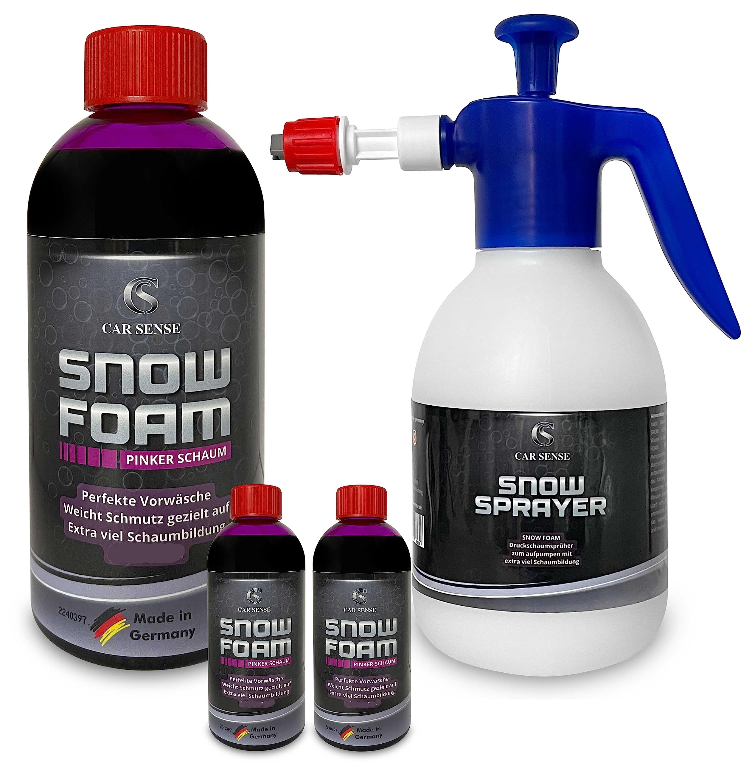 Car Sense Snow Foam pinker Schaum 3x0,5L und Car Sense Snow Sprayer Pumpflasche I gründlicher Auto Schaumreiniger I Perfekt geeignet für eine effektive Vorwäsche, dichter gut riechender Schaum