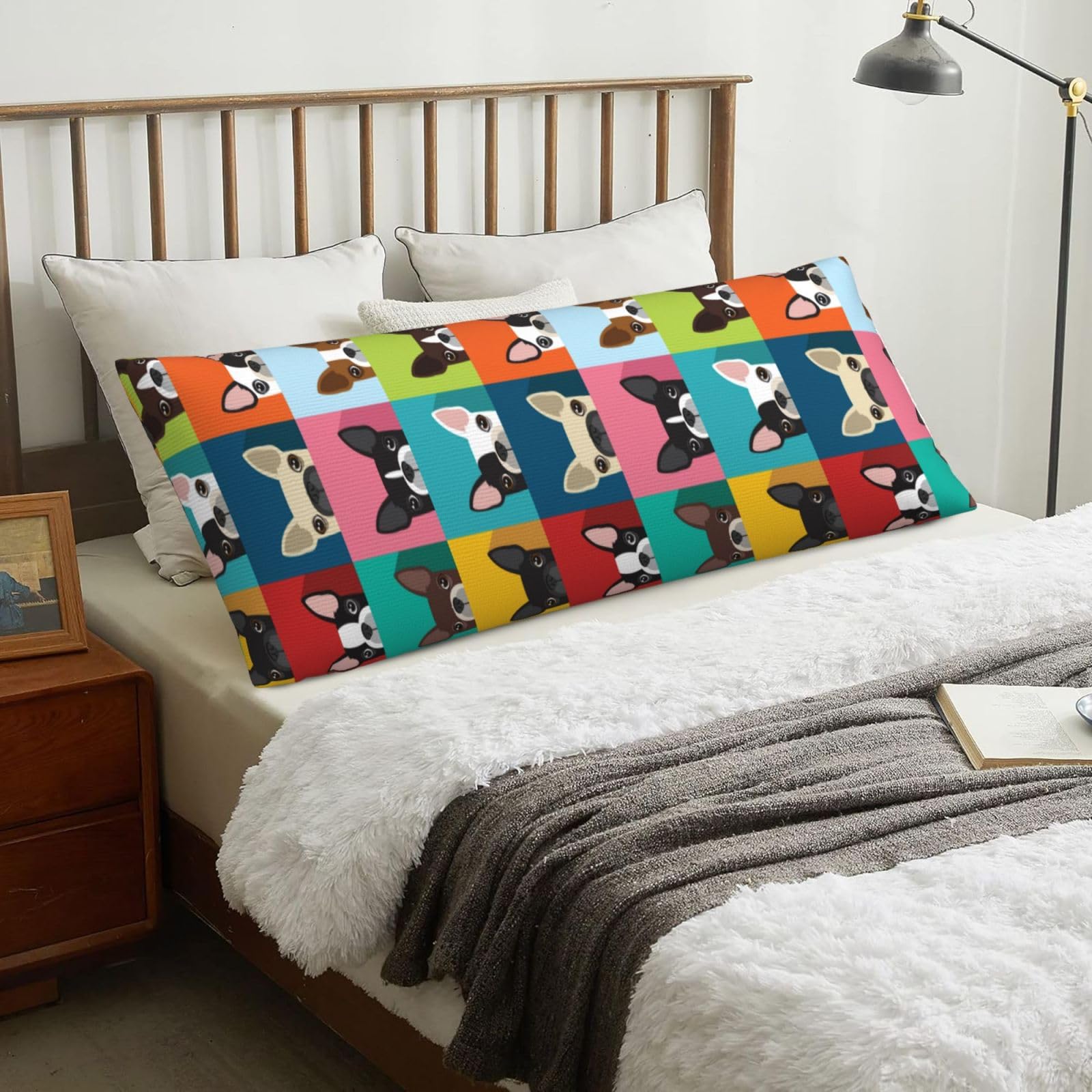 Colorful Boston Terrier Print, Body Pillow Cover with Zipper,Long Body Pillowcase 20 x 60 in
