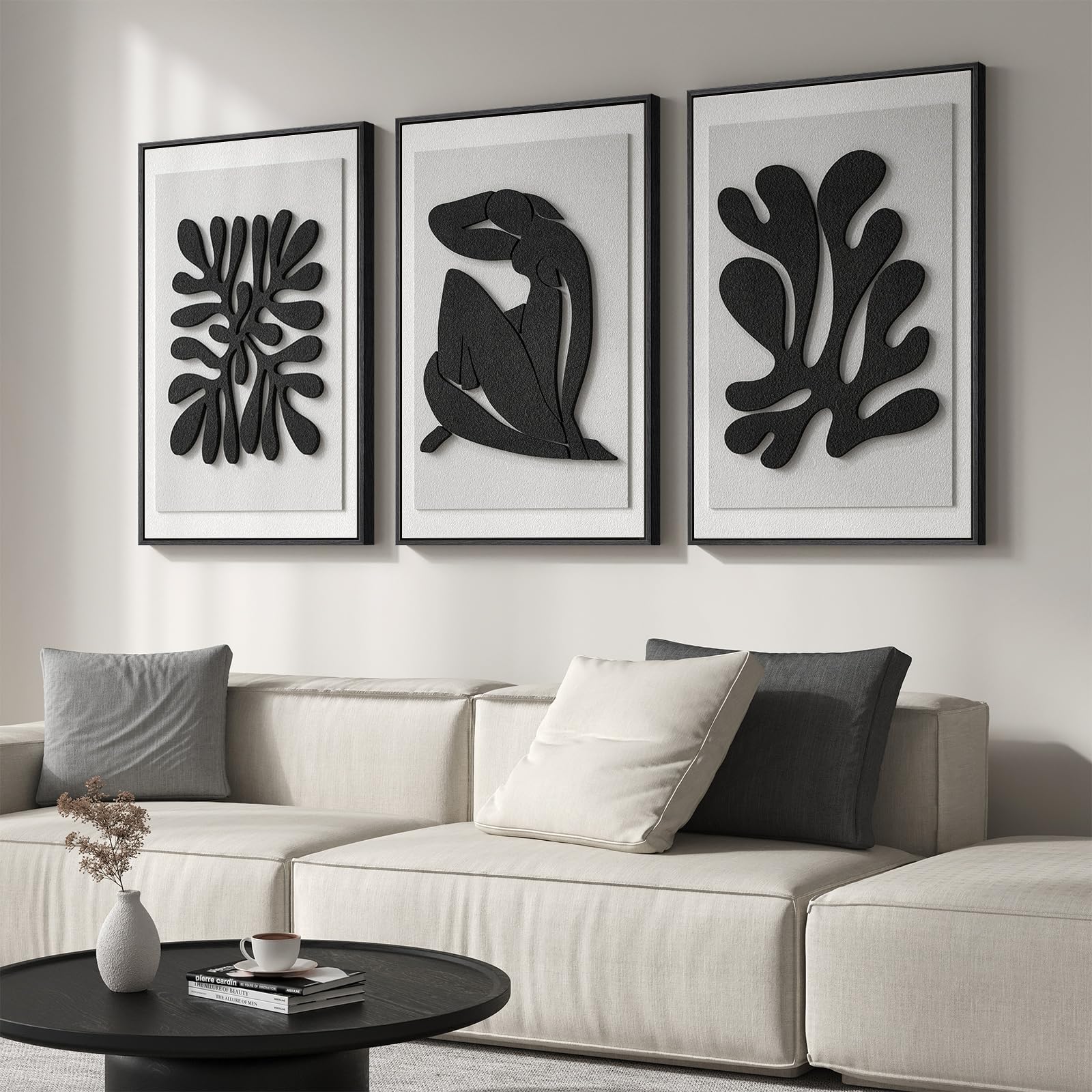 Large 3D Textured Framed Abstract Wall Art for Living Room, 3 Piece Modern Black and White Artwork for Walls, Minimalist Wall Paintings for Hallway, Stair, Office Wall Decor, 24x36 Inches
