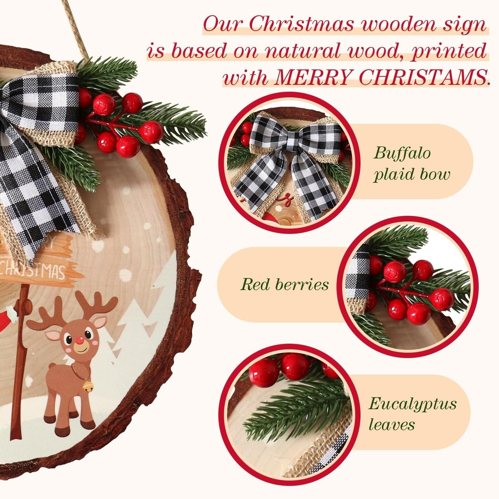 Corona De Navidad para Puerta Letrero De Madera For Puerta Colgante De Navidad, Letrero De Madera Interior Decorativo Redondo Artificial Guirnalda