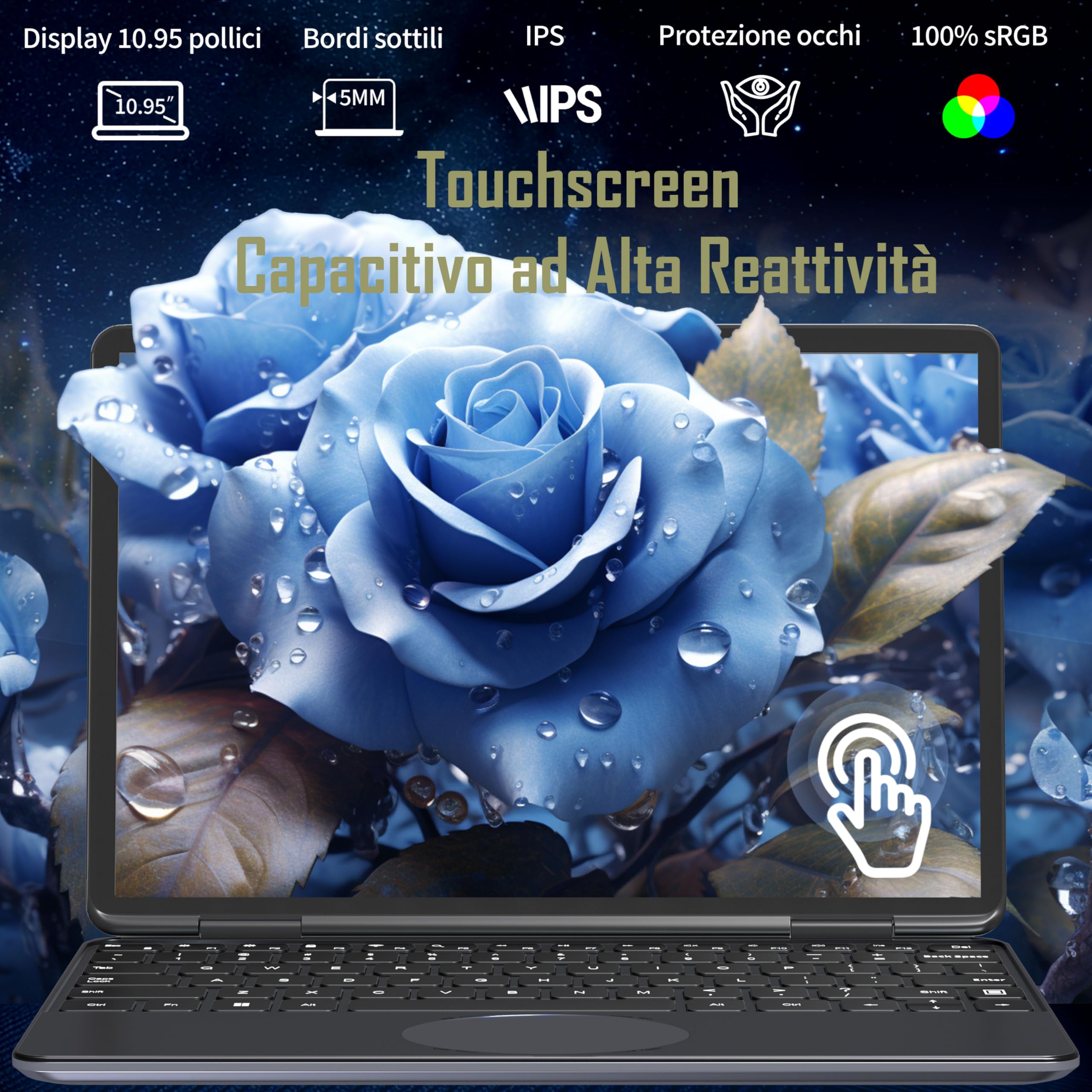 PC Convertibile 2 in 1 Touchscreen 11.6" FHD IPS, Processore N150 12ª Gen, 16GB RAM, 512 SSD Veloce, Rotazione 360°, Design Ultra-Leggero, Custodia tastiera ITA e Tastiera retroilluminata (16+512)