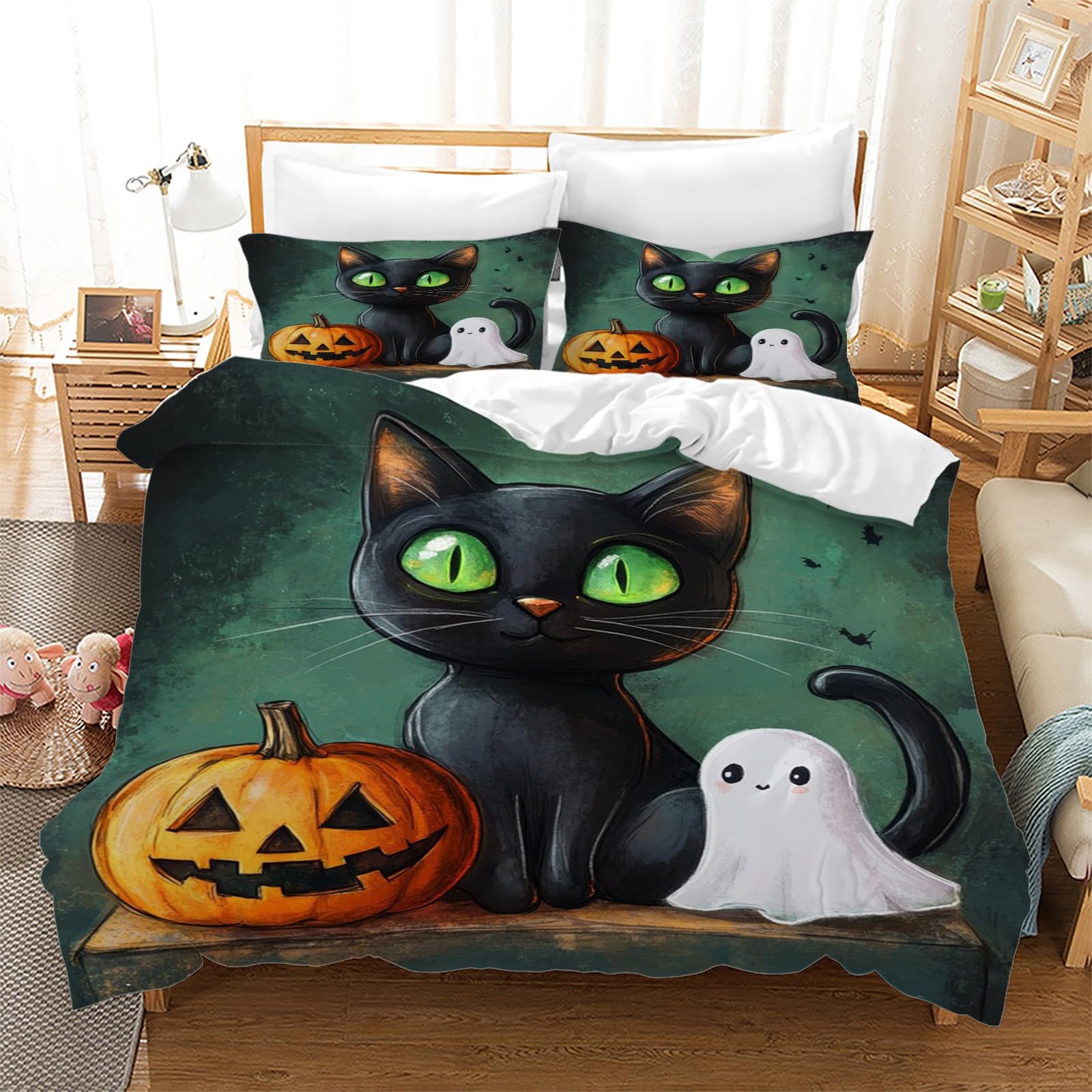 Parure de lit chat noir en microfibre zippée facile à laver