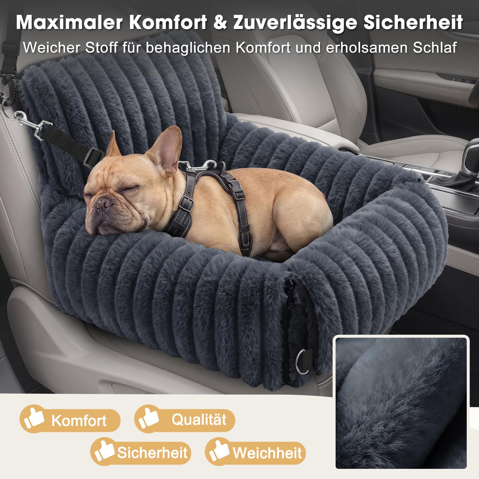 MIXJOY Siège Auto pour Chien, Amovible, pour Chiens de Petite à Moyenne Taille, Laisse Lavable, Rembourrage en Mousse à mémoire de Forme, pour siège arrière et siège Avant, Gris