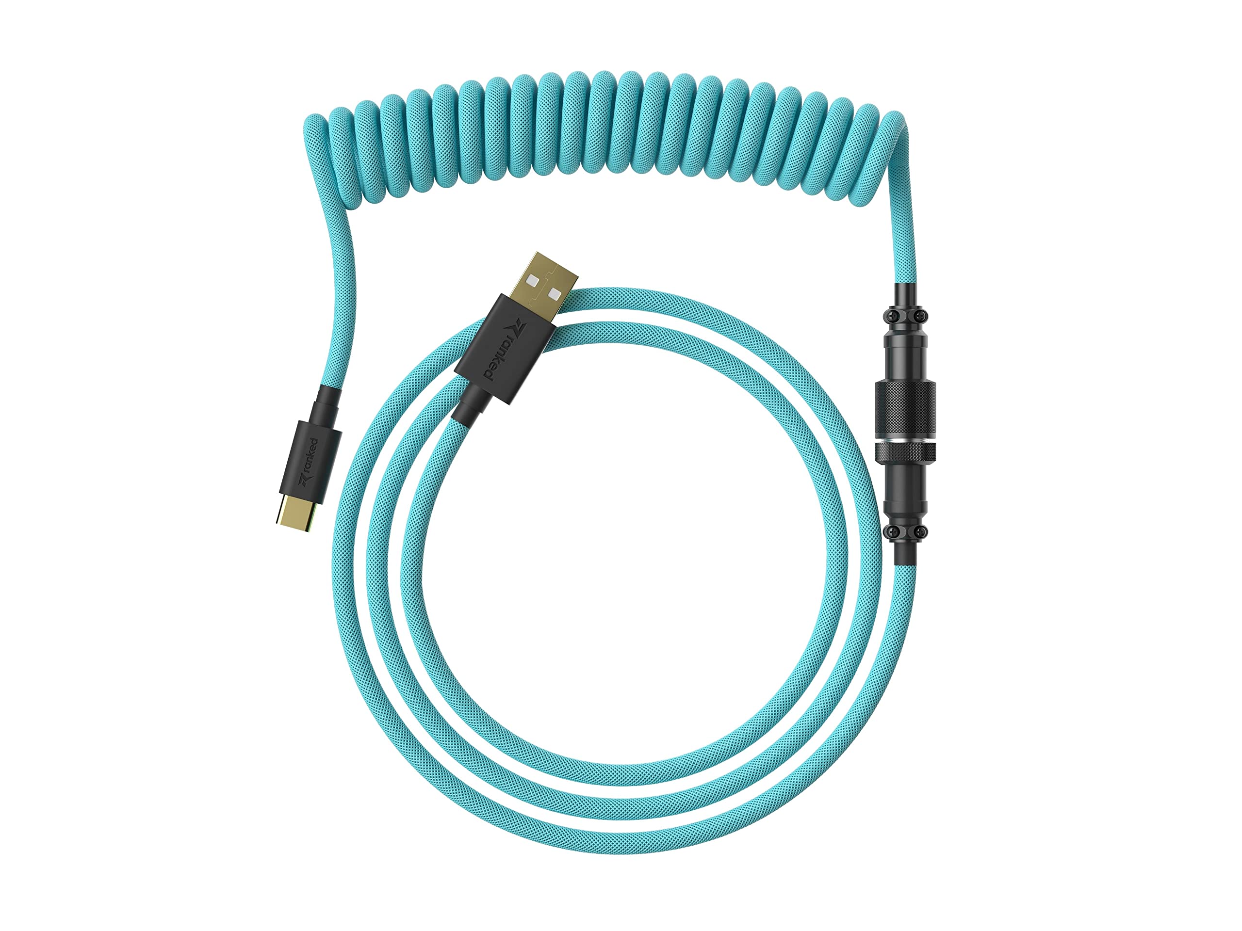 Ranked Coiled Keyboard Cable | Handcrafted Double-Sleeved Braided Cable | USB Type C to A | 5-Pin Aviator Connector for Custom Mechanical Gaming Keyboard | Support Fast Charge 20W (Ranked Blue)