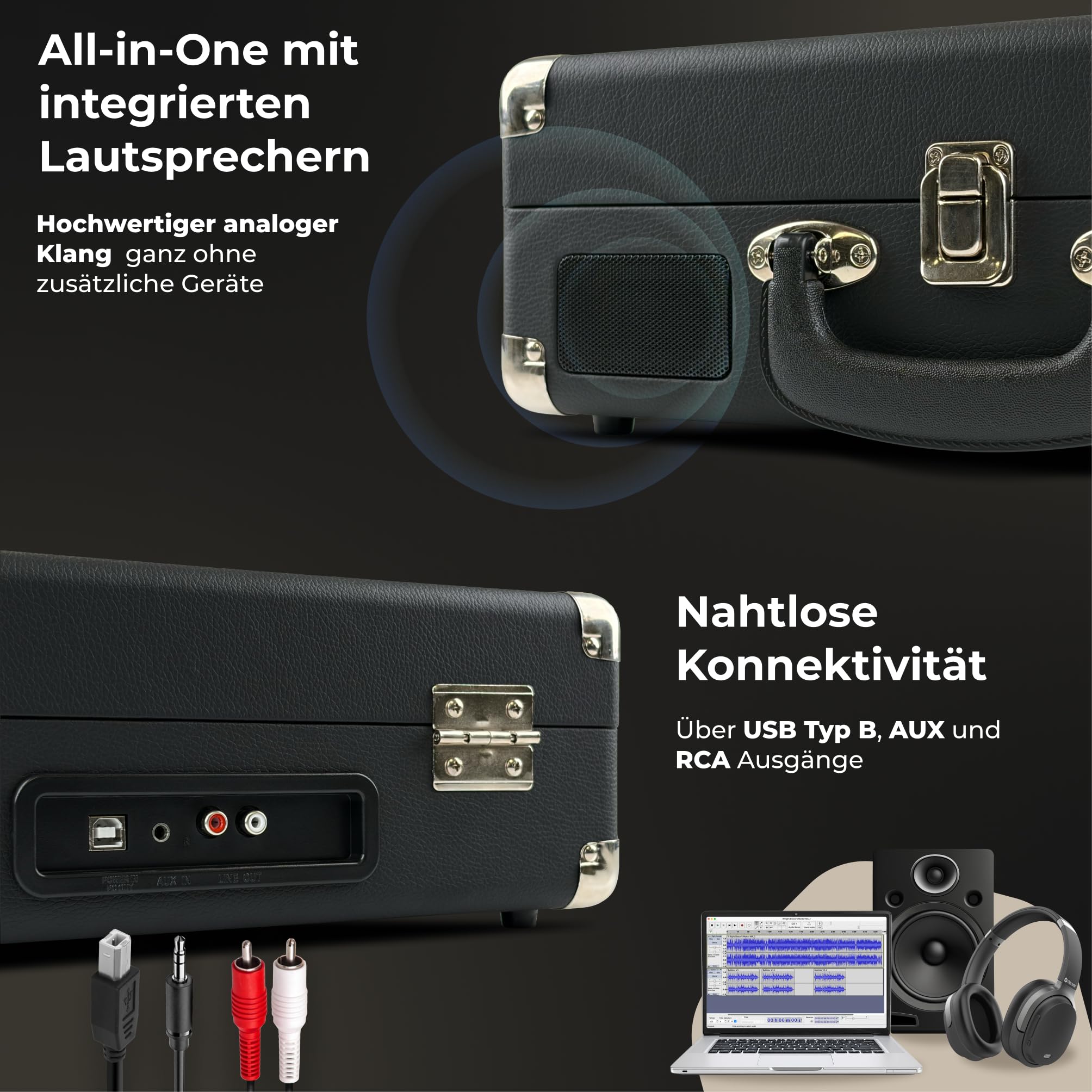 Denver VPL-120B Kofferplattenspieler Schwarz – Retro Plattenspieler mit Lautsprecher, USB Vinyl Player zum Digitalisieren, Auto-Stopp, Schallplattenspieler Vintage mit RCA-Ausgang