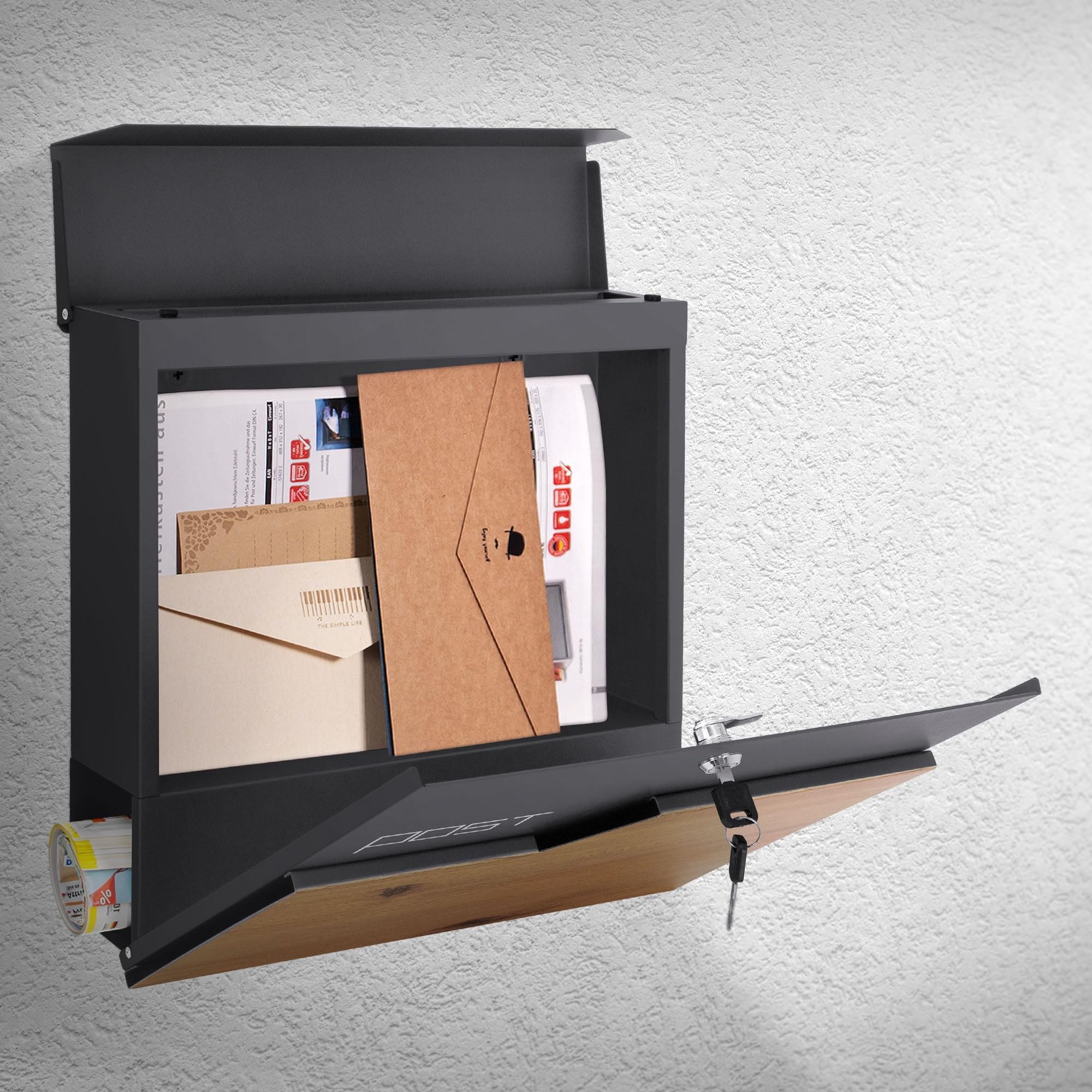 ML-Design Cassetta Postale per Lettere in Acciaio Verniciato a Polvere Antracite Aspetto di Legno 37x37x11 cm con Scomparto per Giornali Riviste Serratura 2 Chiavi incl. Materiale per Montaggio a Muro