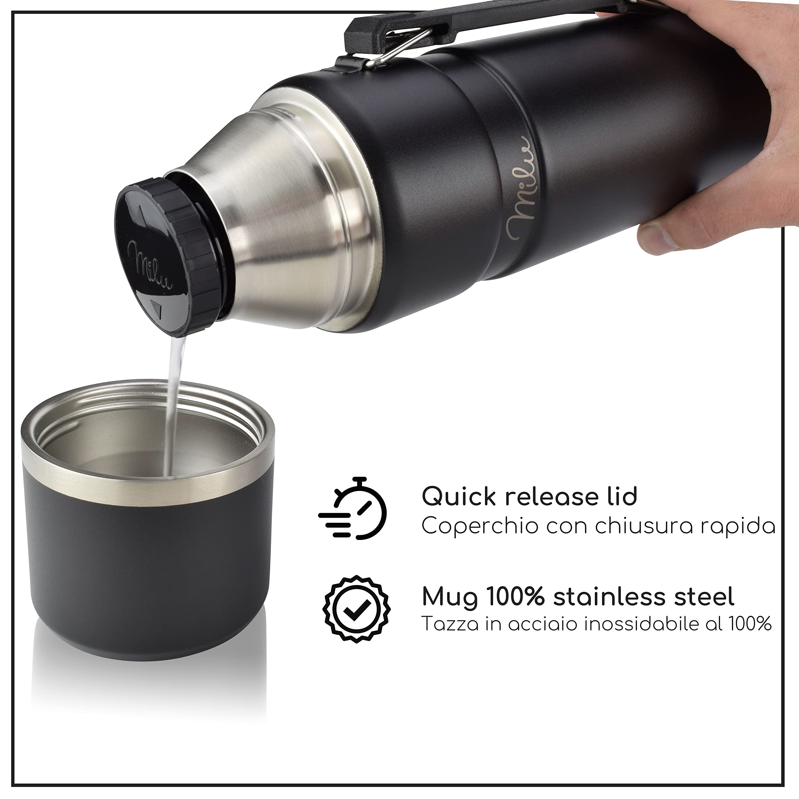 Milu Bottiglia thermos con manico TBottiglia isolata Thermos 1L - Bottiglia isolata in acciaio inox, 100% a prova di perdite, isolamento a doppia parete (Blu Navy, 1000ml)