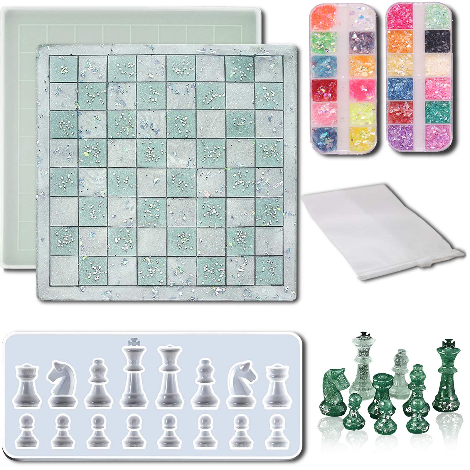 VONDERSO 4 Pcs Chess Silicone Mold Set, 1Pcs 3D International Chess Mold, 1Pcs Chess Board Mold and 2 Pcs Decoration Sequins, for DIY Resin Crafts Making, and Board Games Supplies for Family, Friend