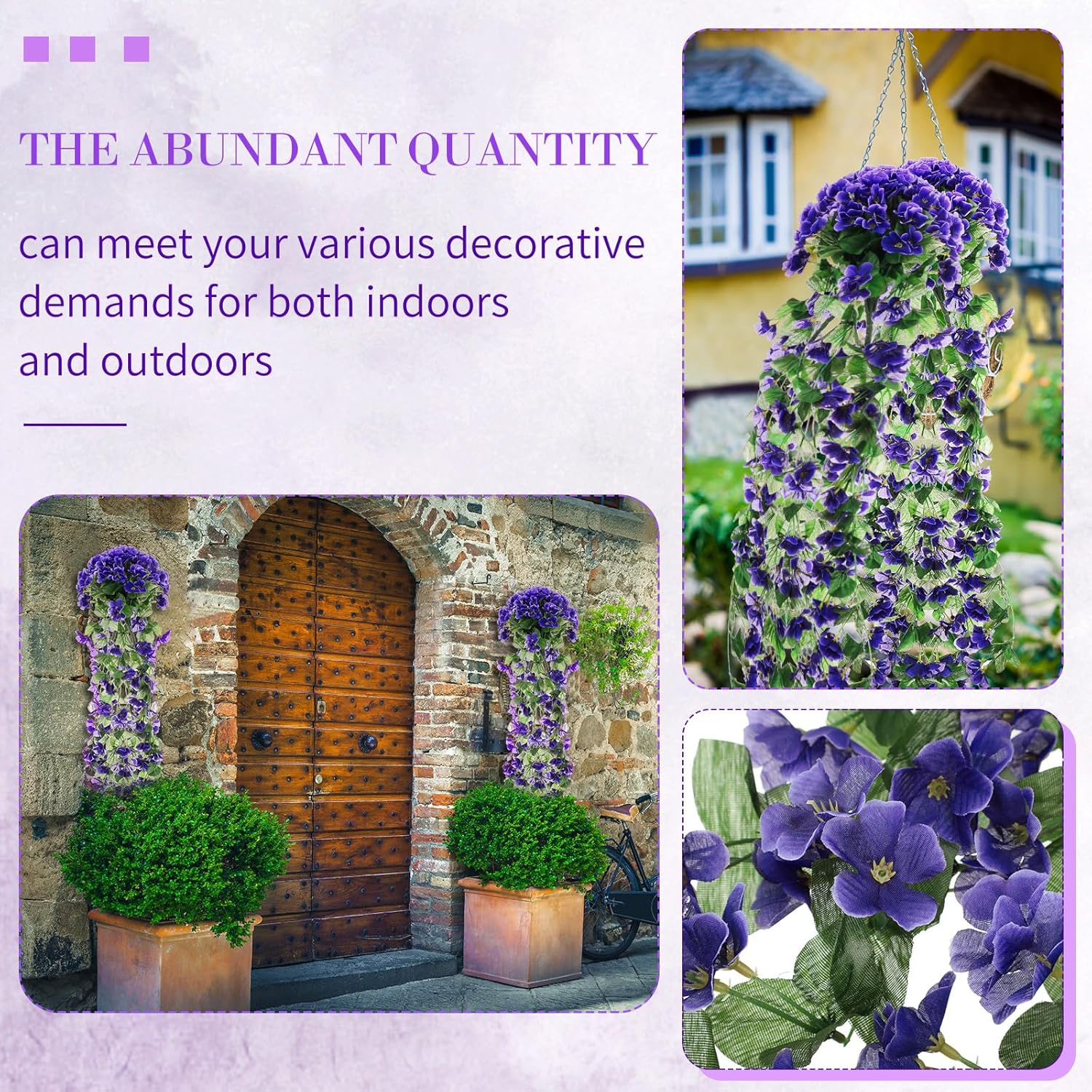 XunYee 4 Pack Artificial Hanging Flowers for Outdoor Violet Fake Hanging Plants 5 Petal Silk Violet Simulation Plant Royal Faux Artificial Flowers for Home Indoor Garden Wedding Spring Decor(Purple)
