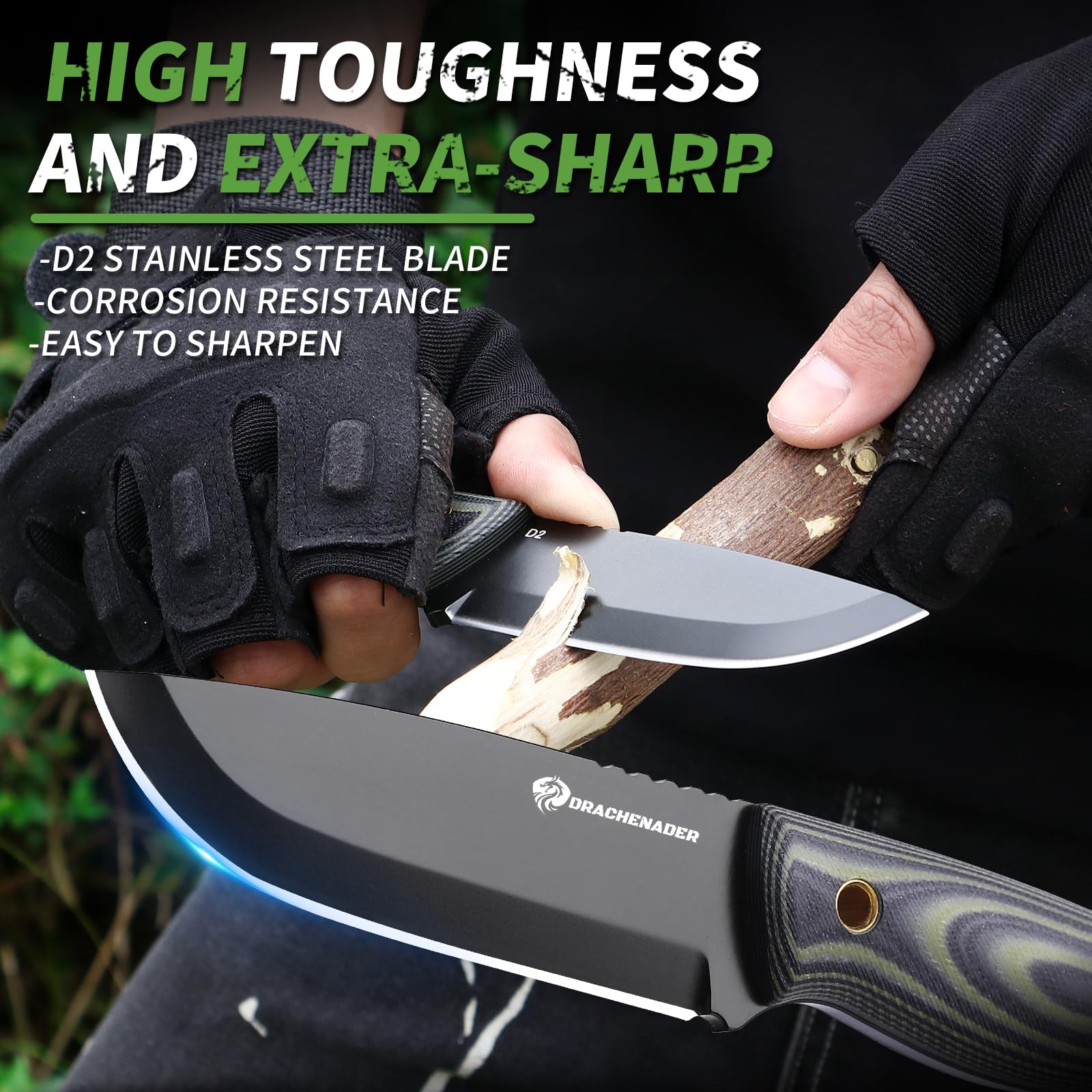 DRACHENADER Cuchillo de Supervivencia AQUILA-X, hoja 10,7 cm, Full Tang, acero inoxidable D2, con funda Kydex para cinturón, hoja negra y mango G10 verde