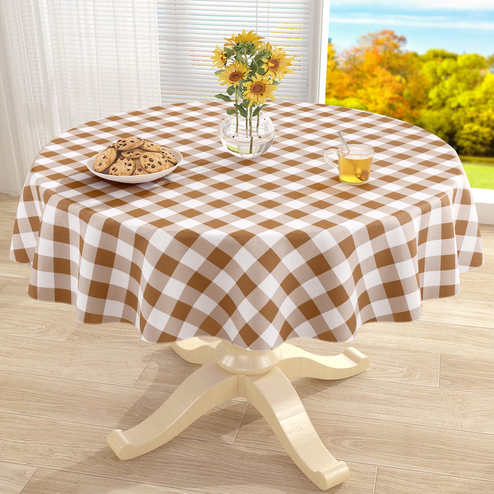 misaya Round Waterproof Vinyl Table Cloth, Flannel Backed Tablecloth